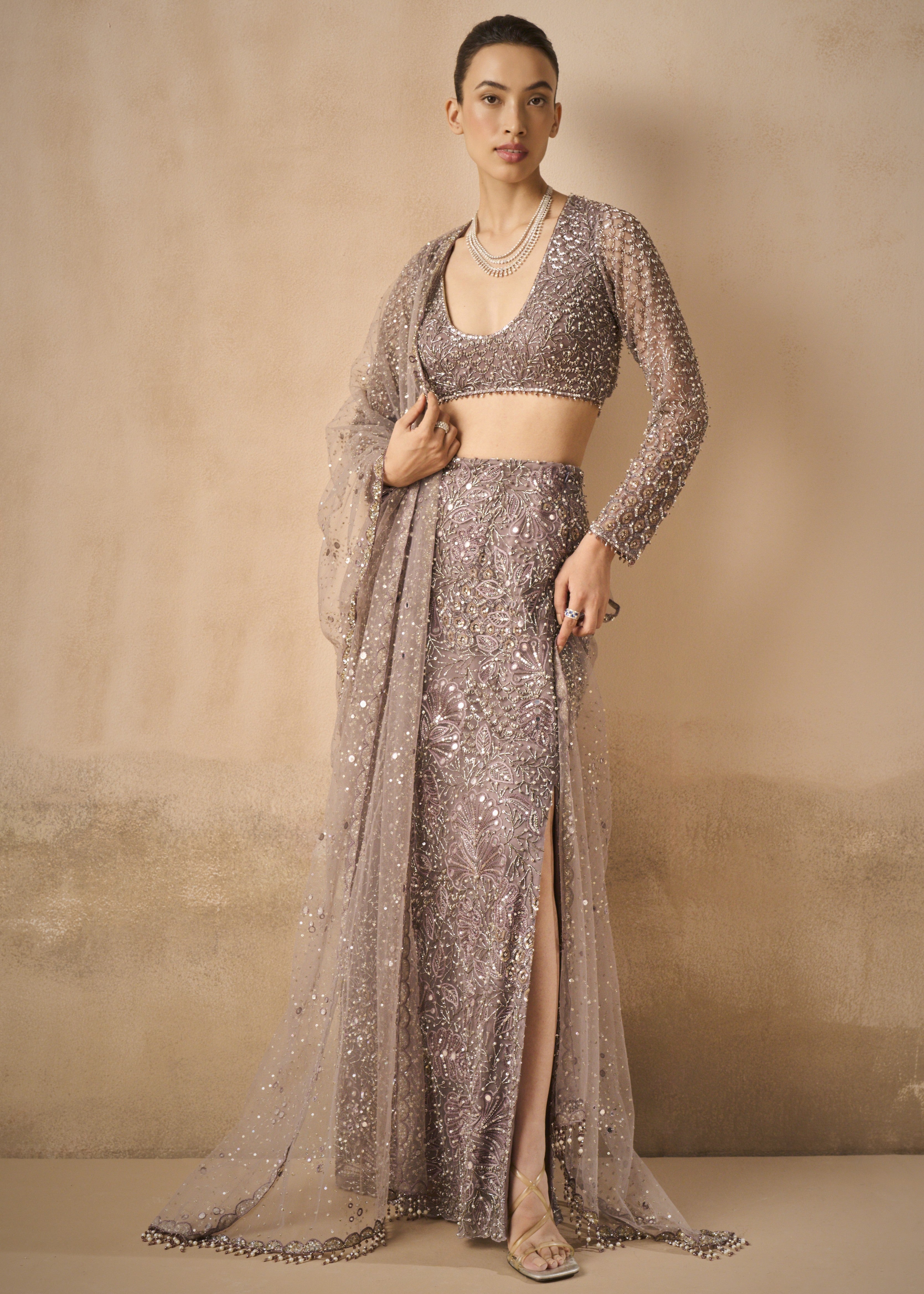 Lilac Tulle Straight Skirt With Slit