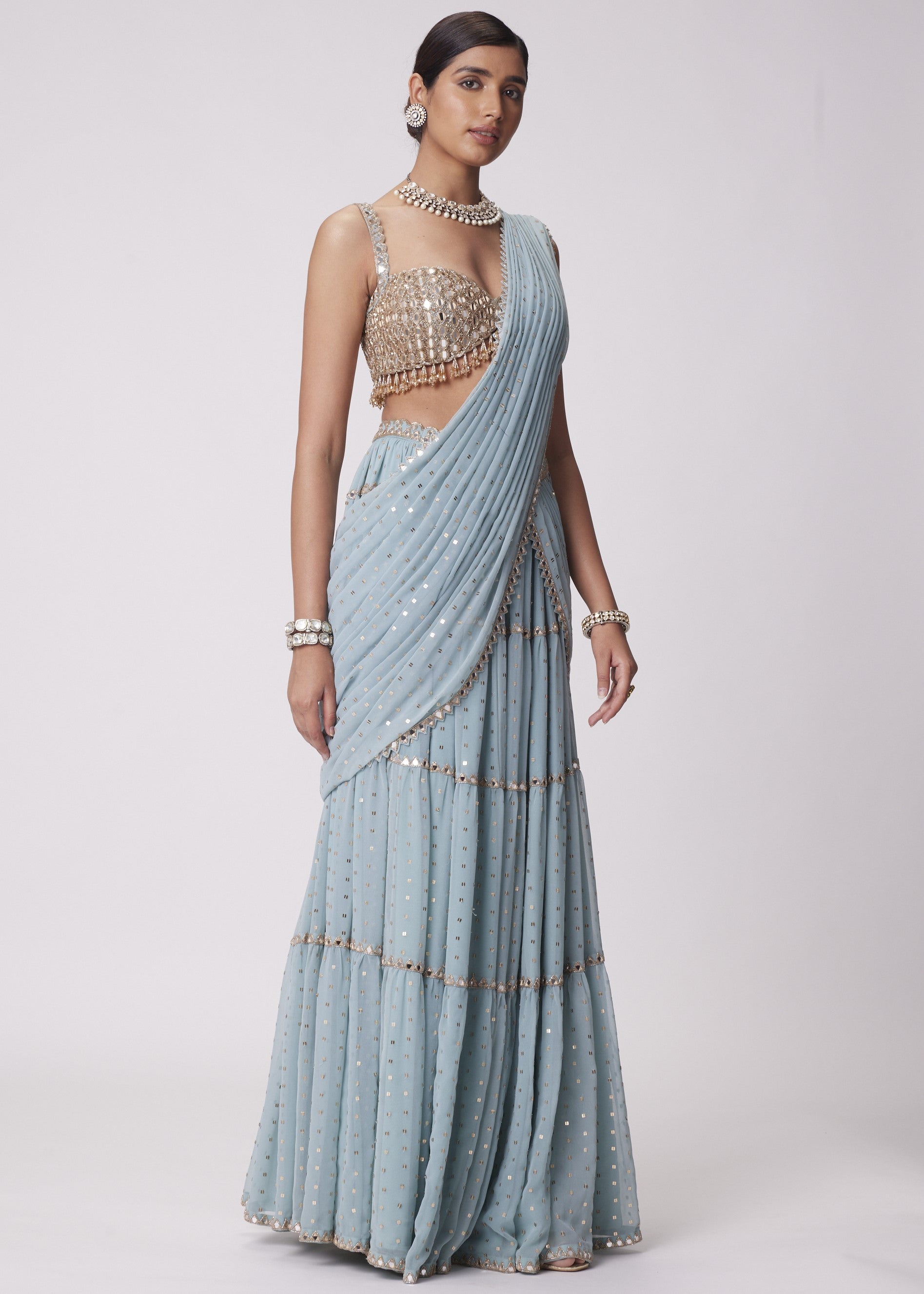 Powder Blue Multi Tier Sari Set