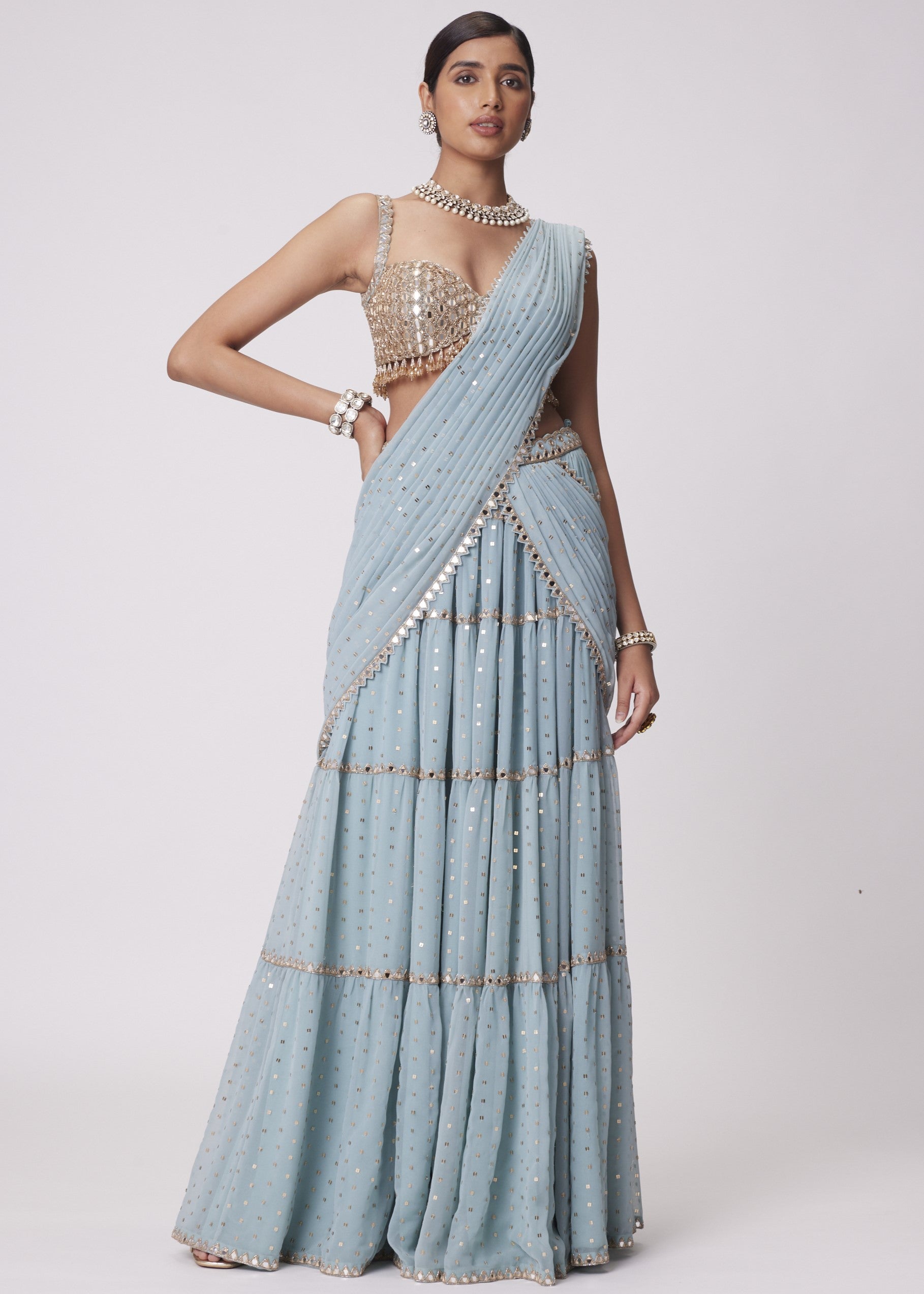 Powder Blue Multi Tier Sari Set