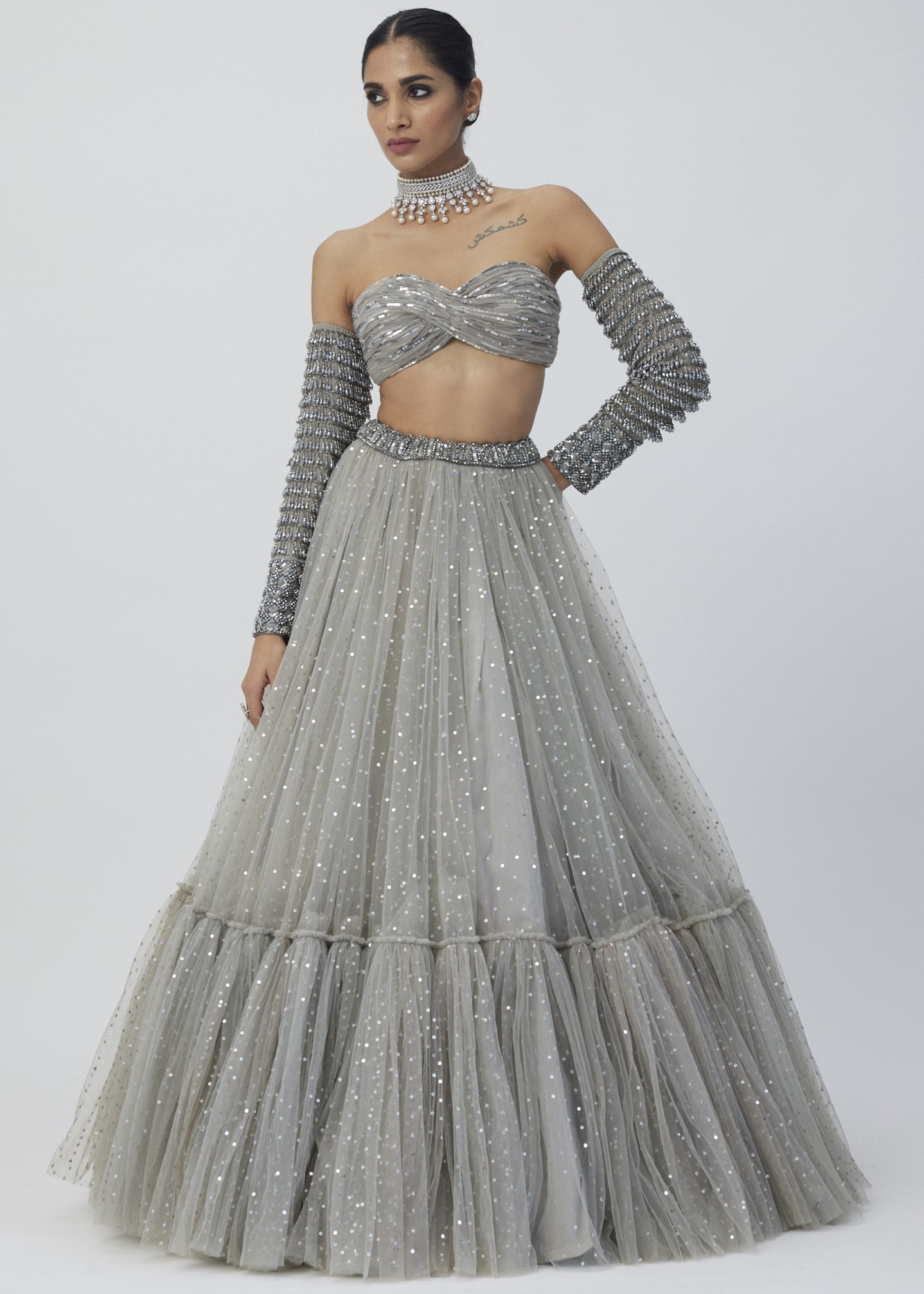 Crystal Grey Tulle Lehenga Set
