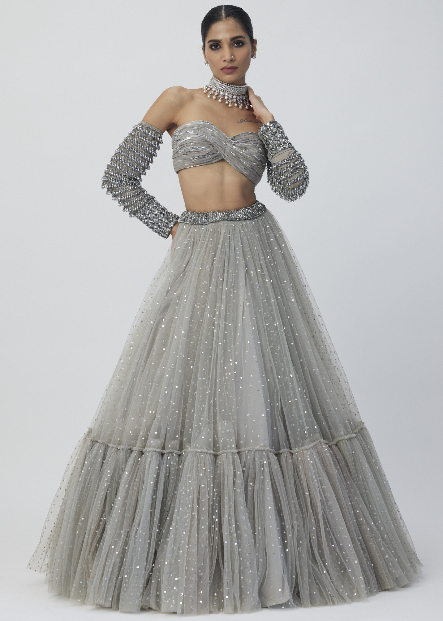Crystal Grey Tulle Lehenga Set