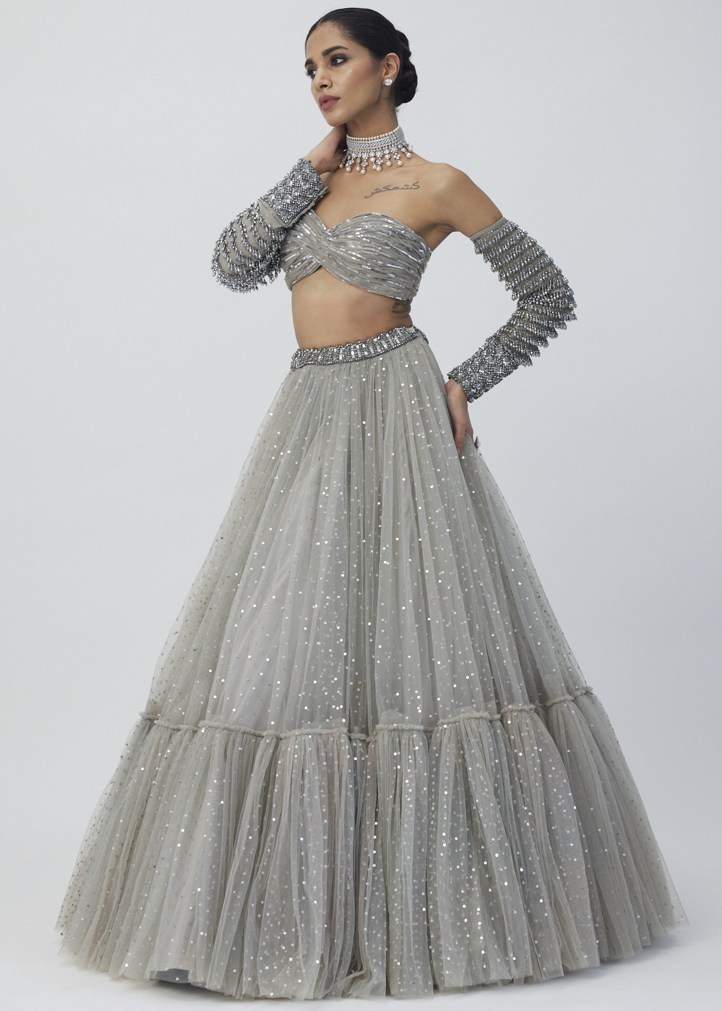 Crystal Grey Tulle Lehenga Set