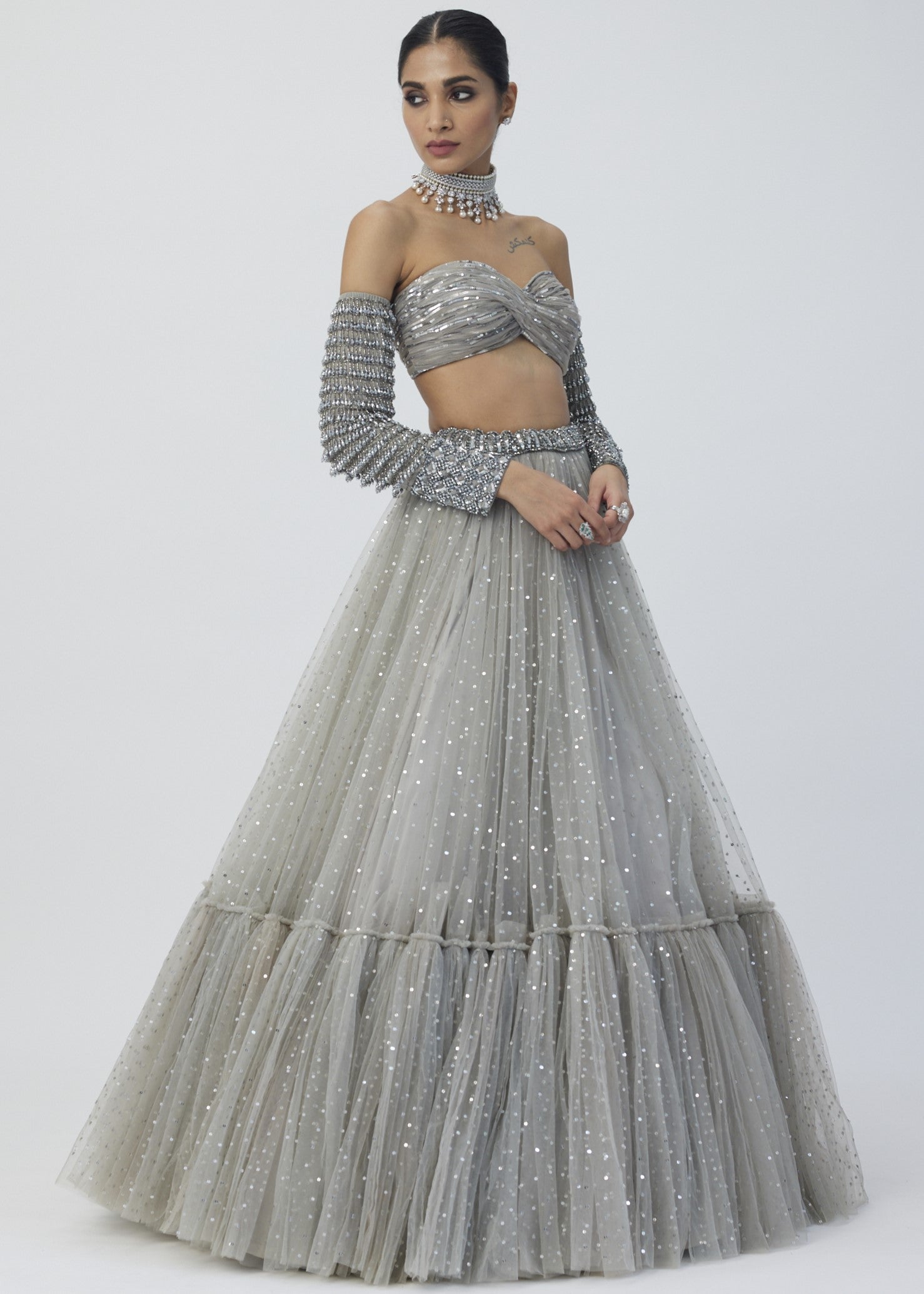 Crystal Grey Tulle Lehenga Set