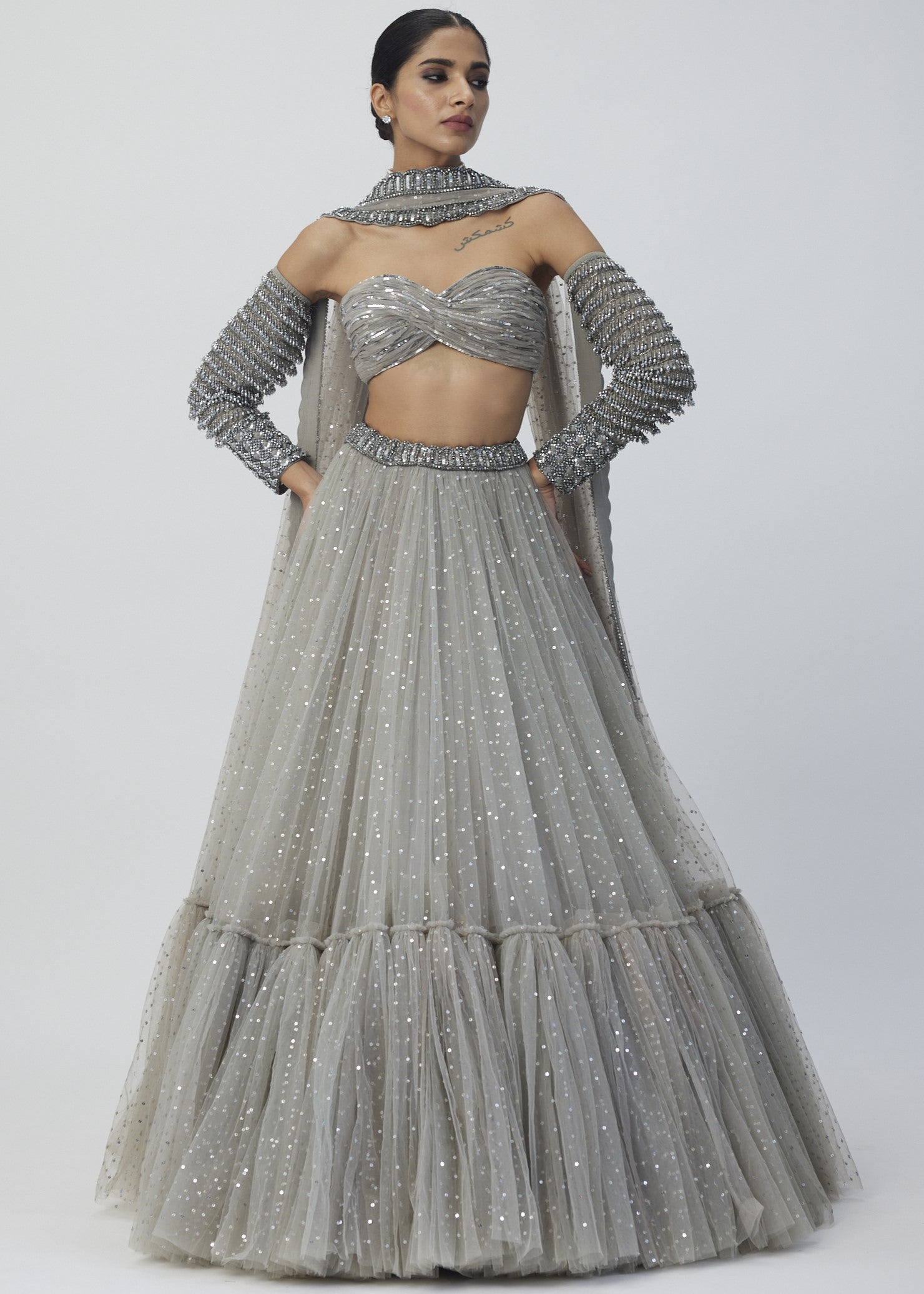Crystal Grey Tulle Lehenga Set