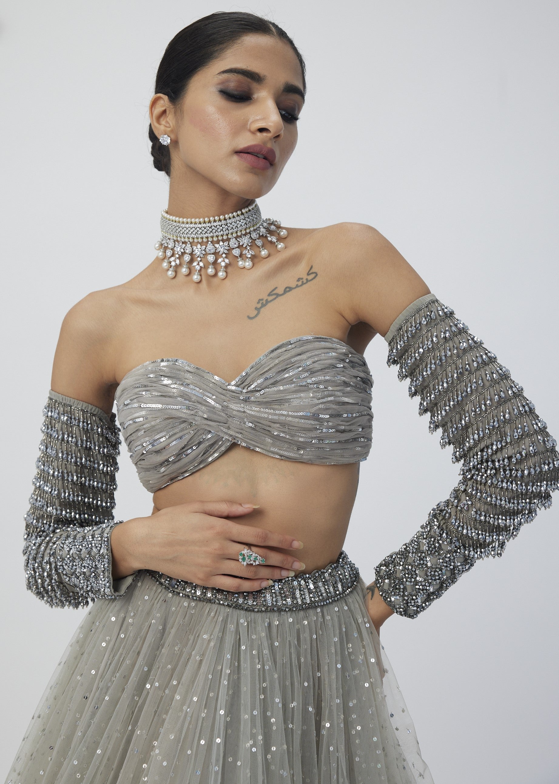 Crystal Grey Tulle Lehenga Set