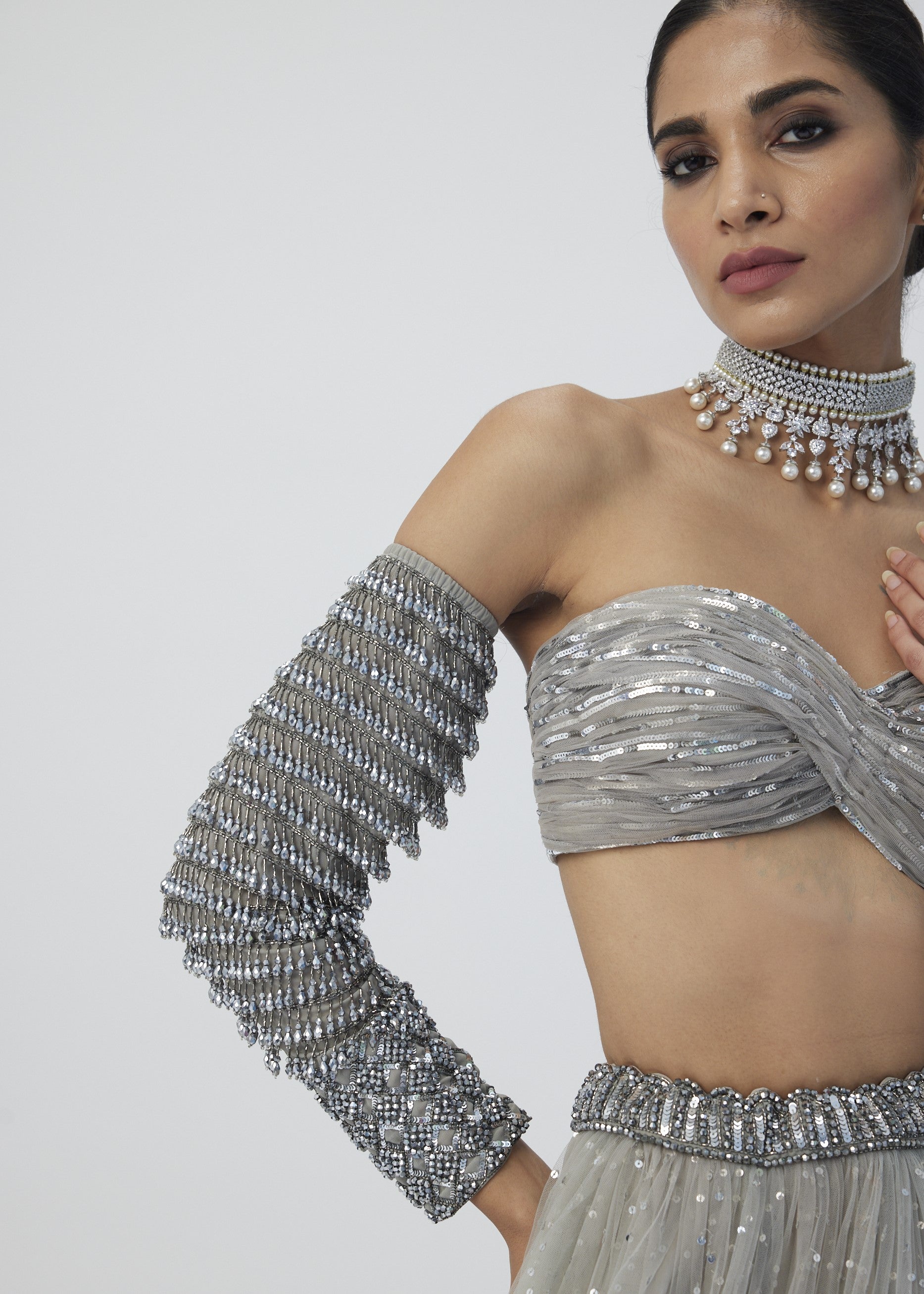 Crystal Grey Tulle Lehenga Set
