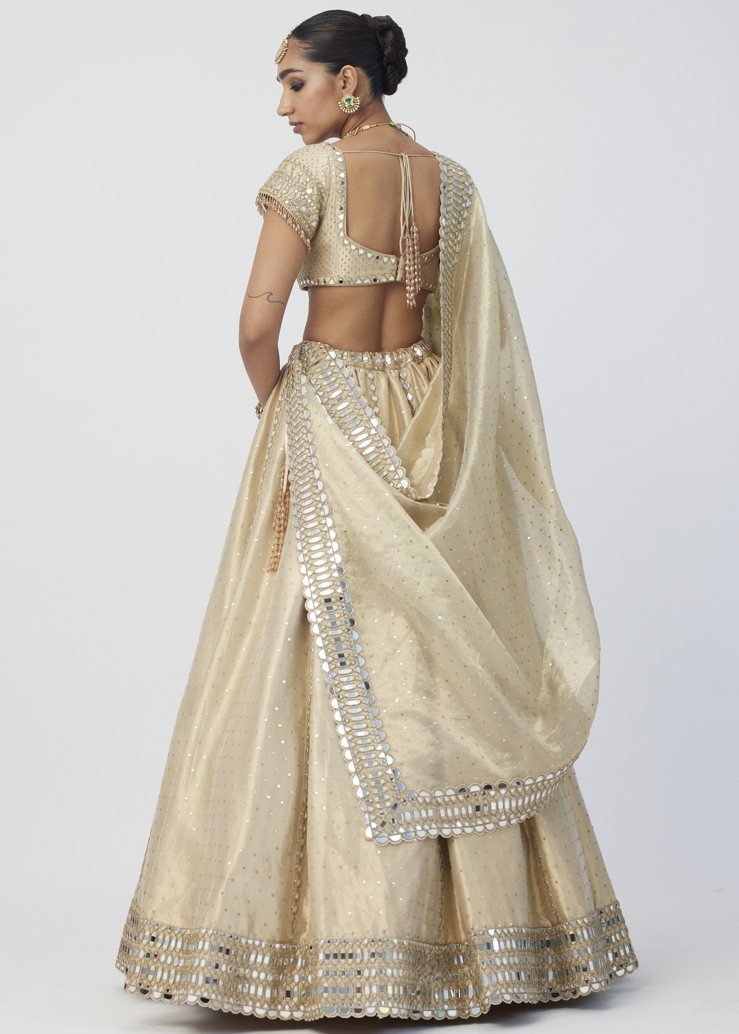 Golden Shimmer Organza Linear Lehenga Set