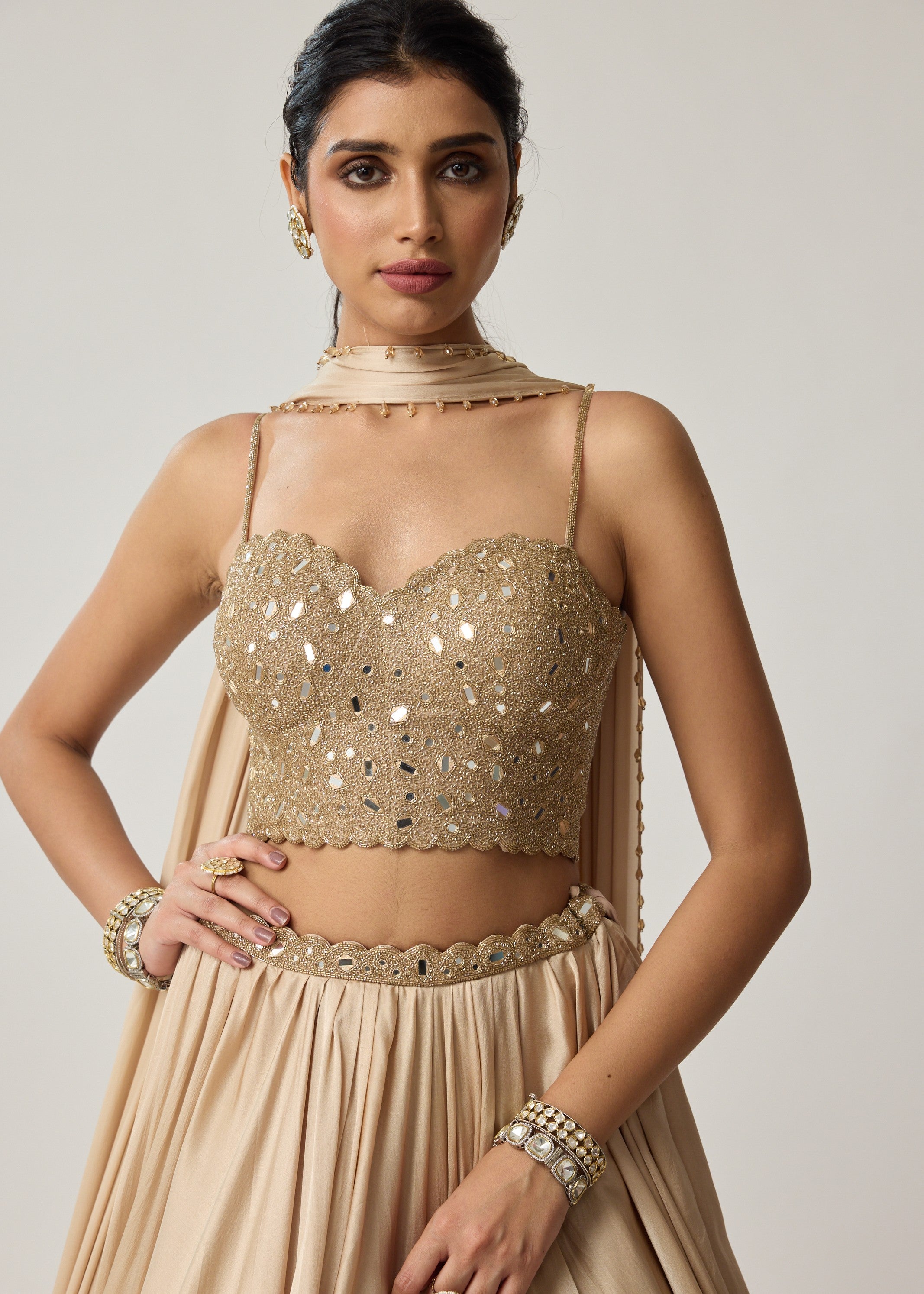 Light Beige Mirror Corset Satin Skirt Set