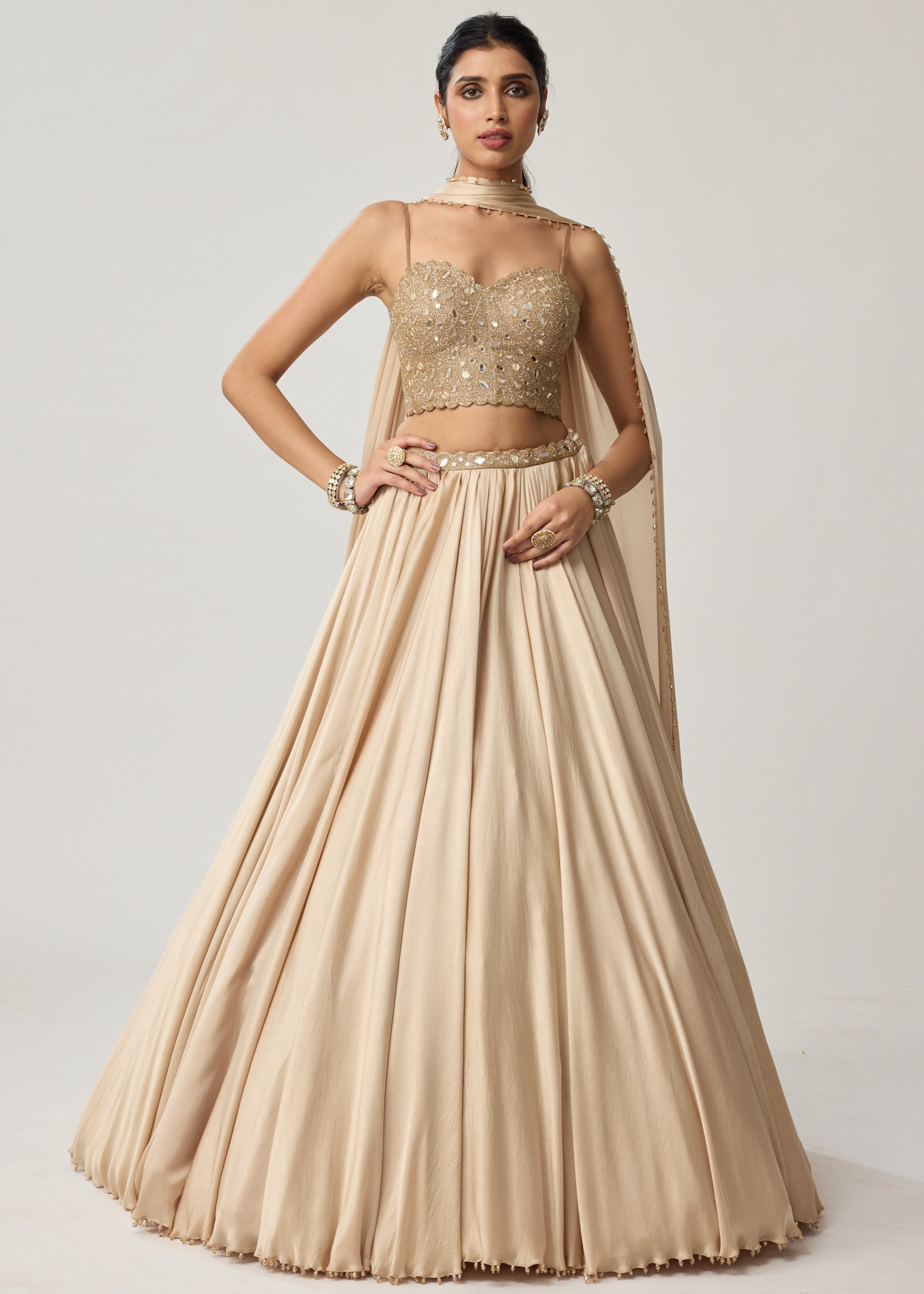 Light Beige Mirror Corset Satin Skirt Set