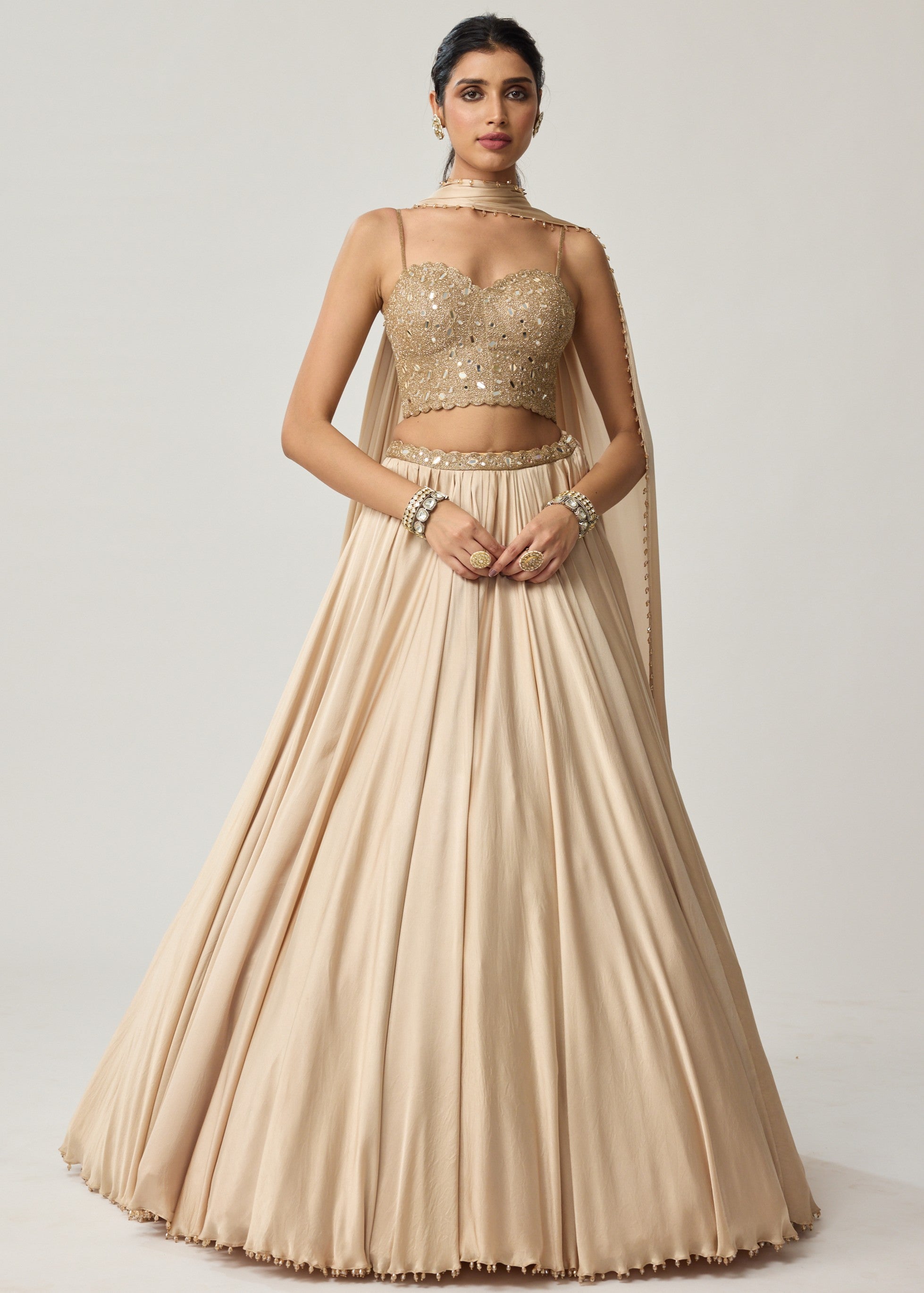 Light Beige Mirror Corset Satin Skirt Set