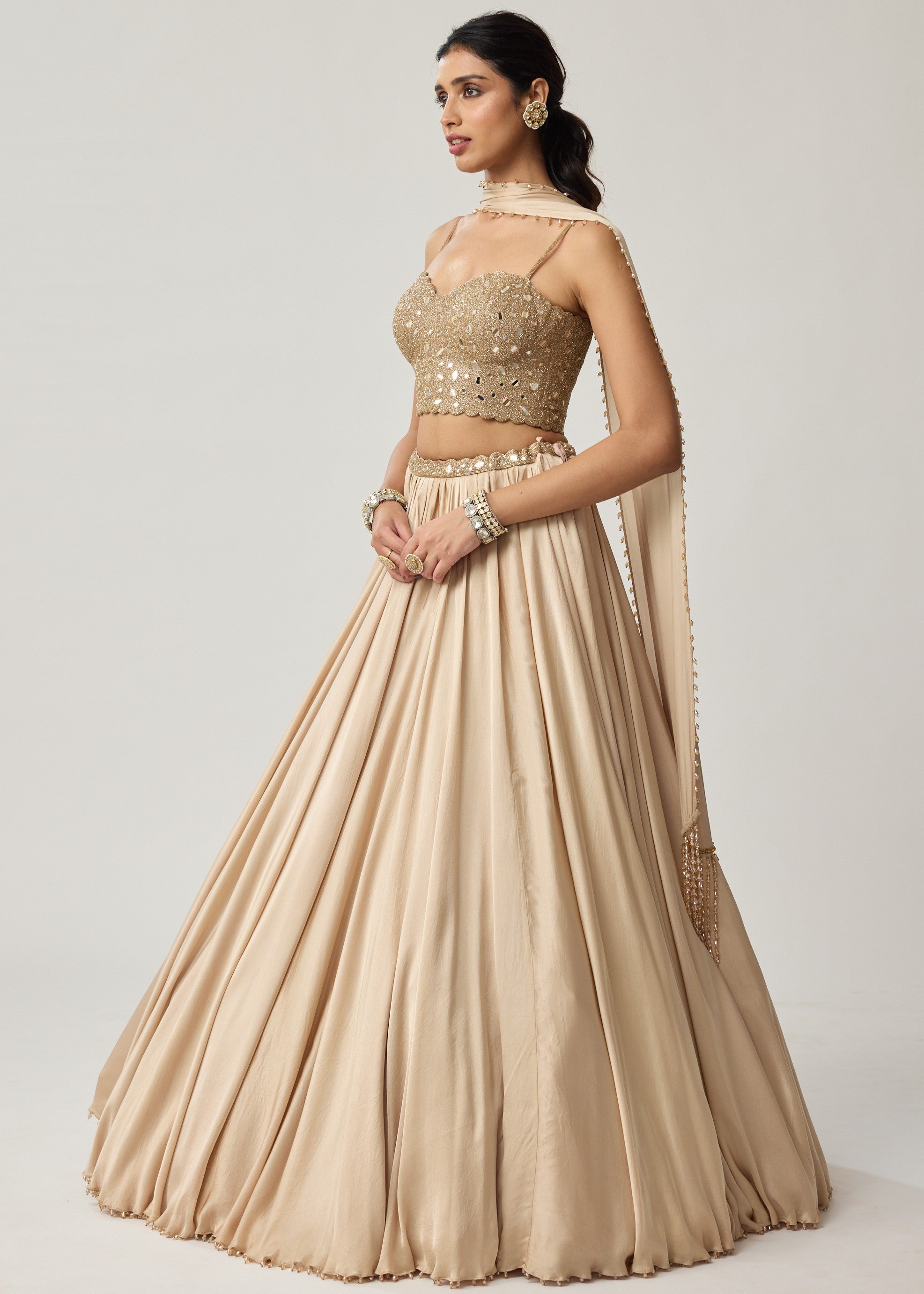 Light Beige Mirror Corset Satin Skirt Set