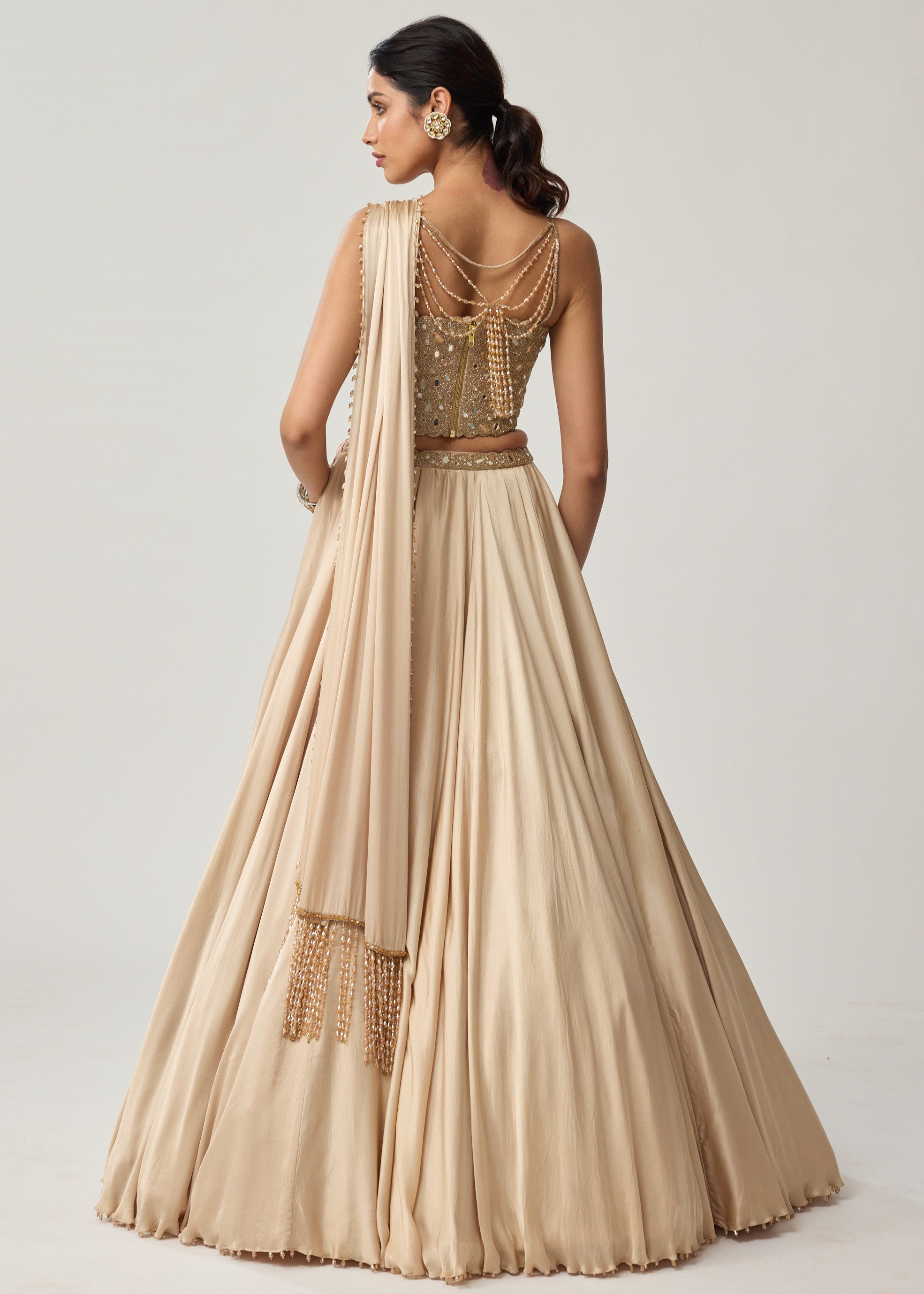 Light Beige Mirror Corset Satin Skirt Set