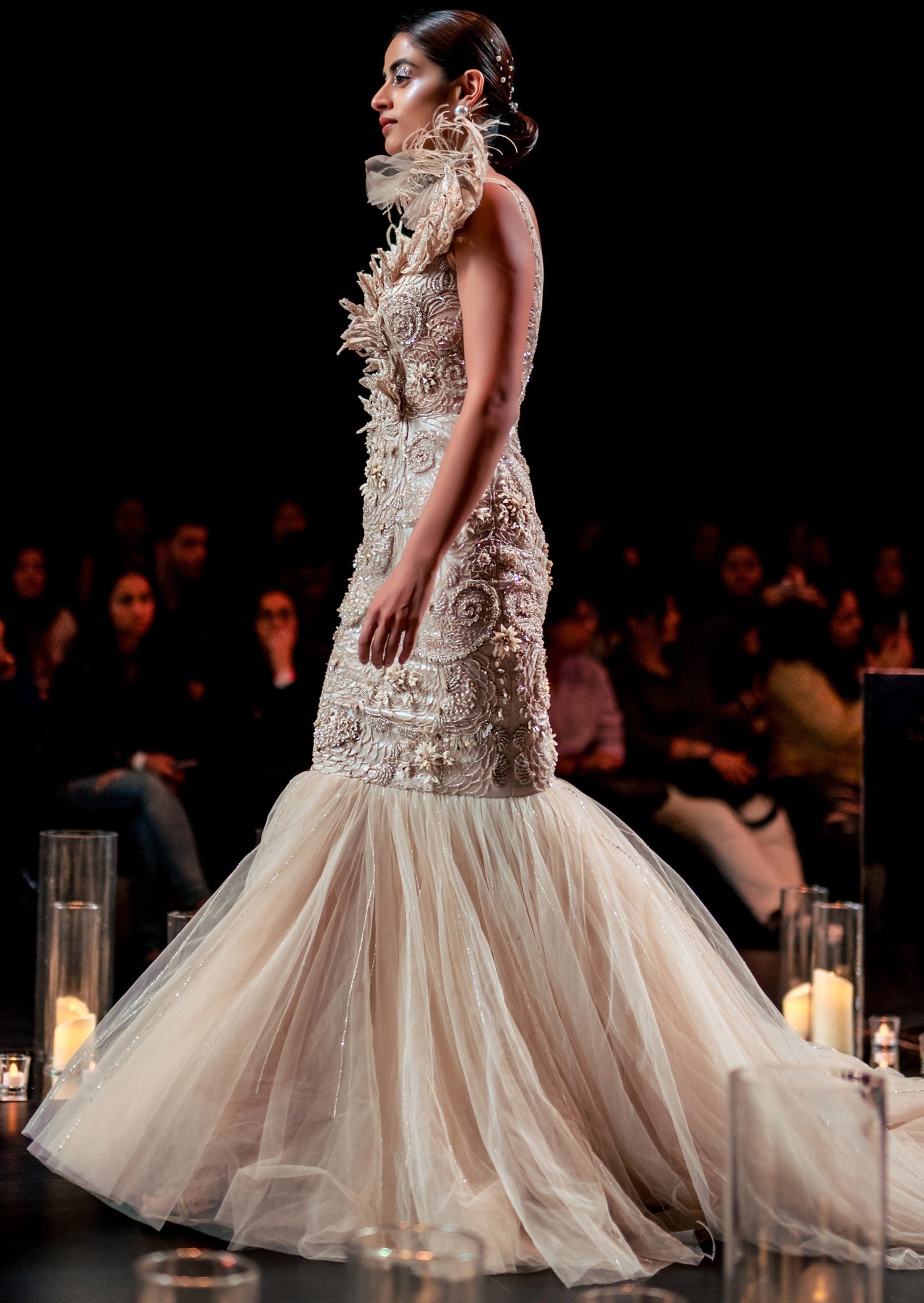 Beige Fish-Cut Gown with 3D Patchwork Detail