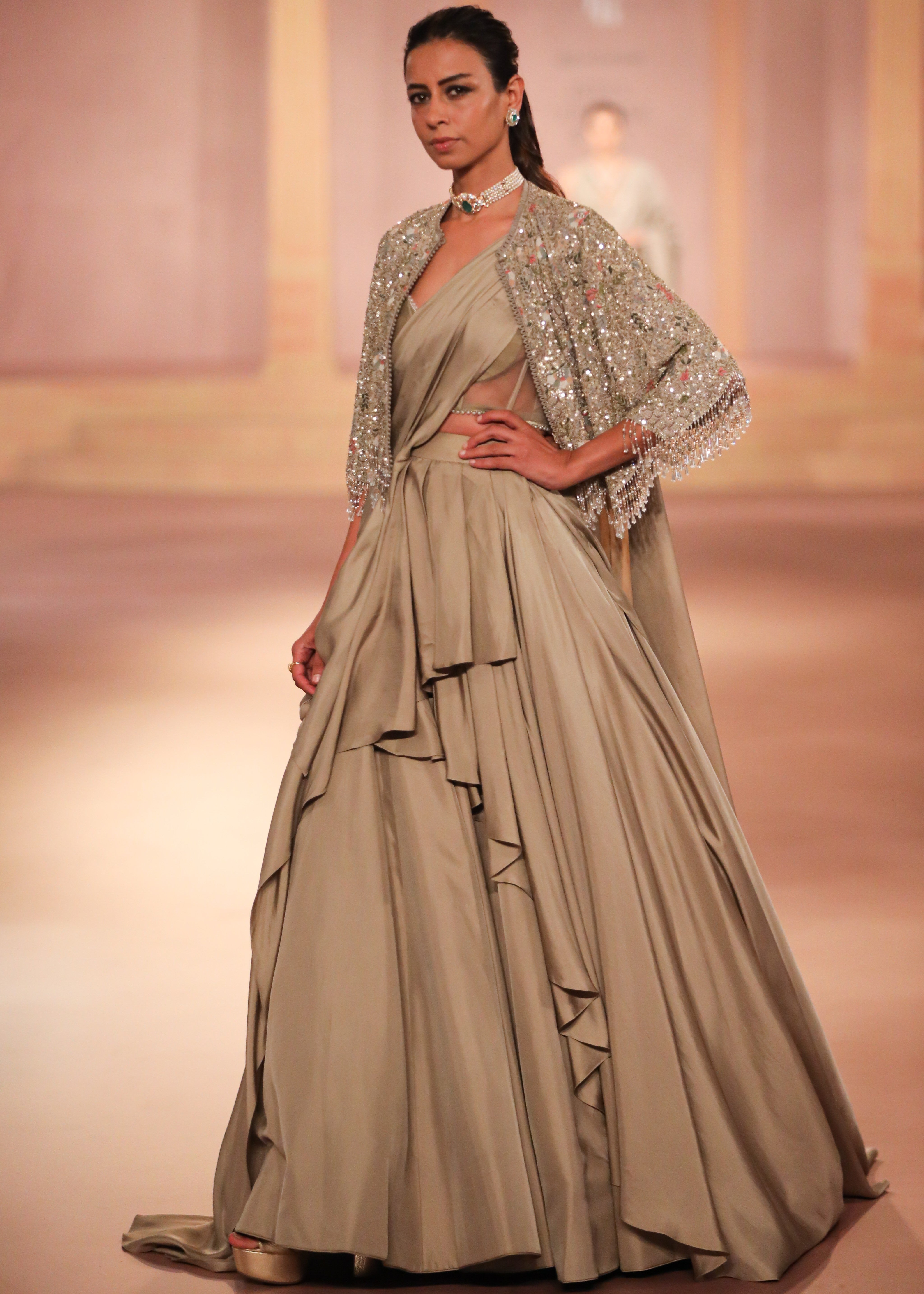 Gold Pre-Draped Twill Sari Set
