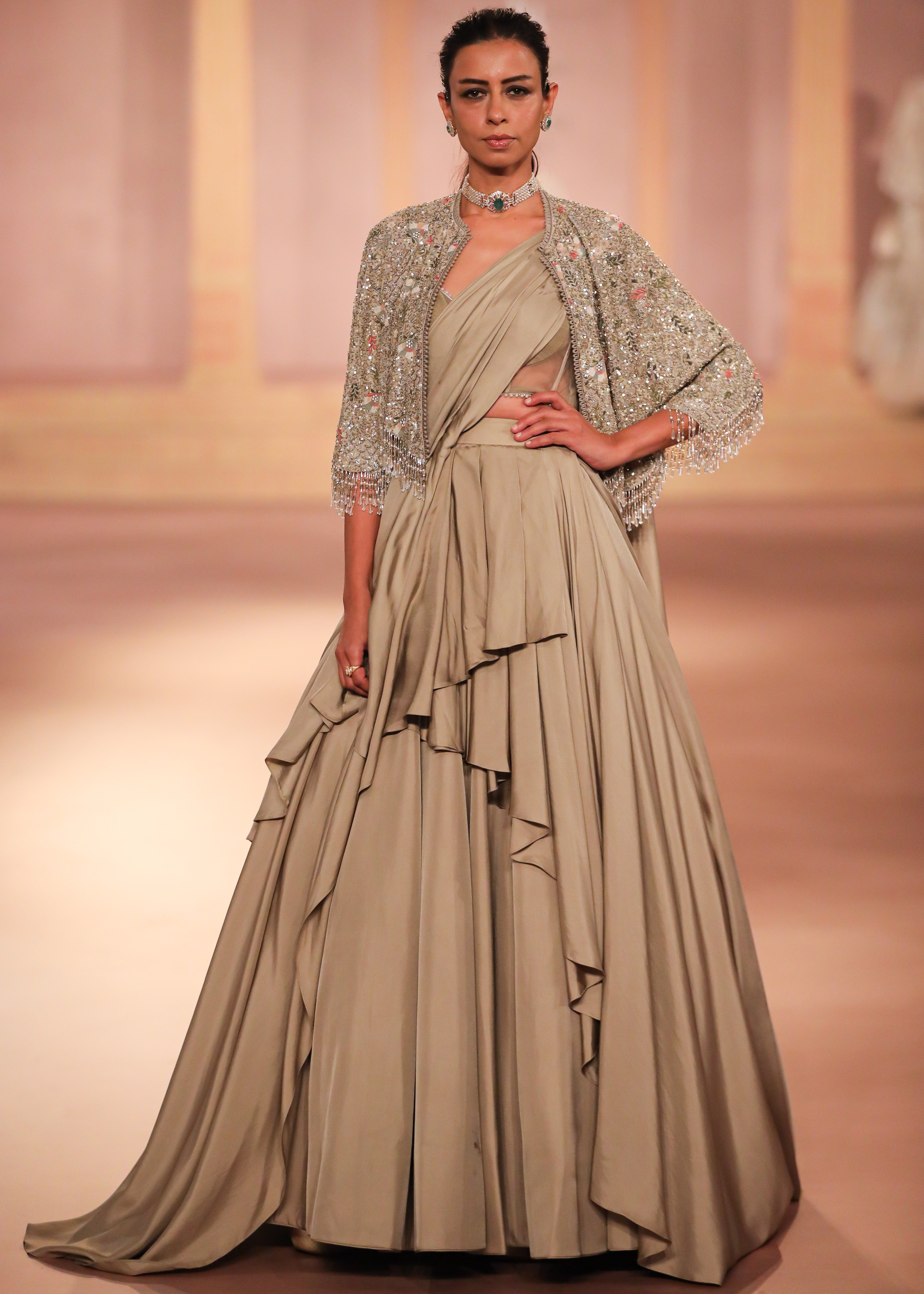 Gold Pre-Draped Twill Sari Set