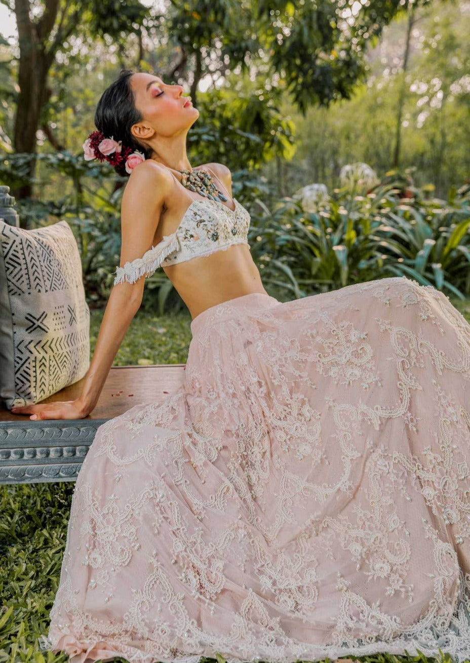 Lace And Pearl Skirt Set