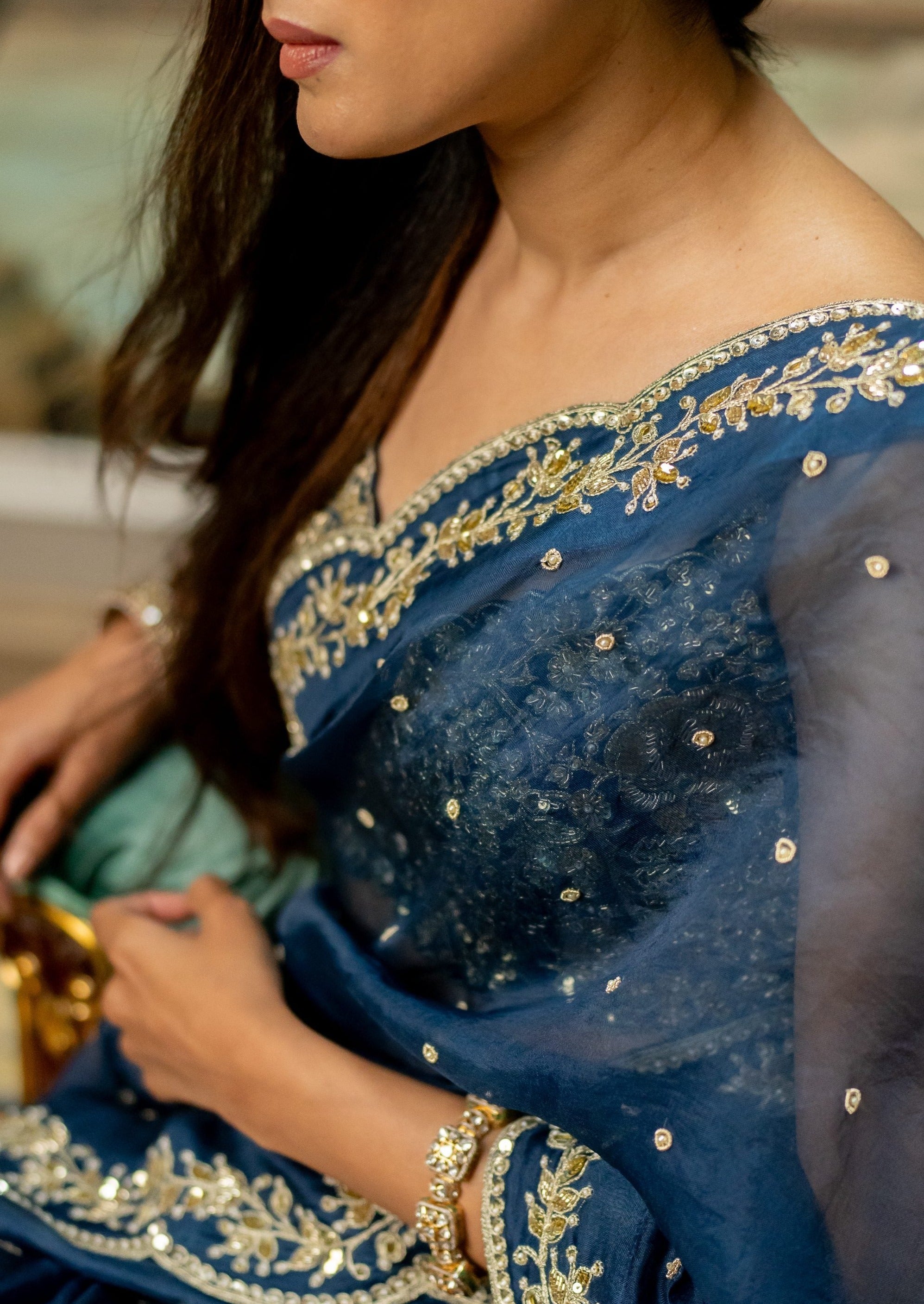 Deep Blue Embroidered Sari