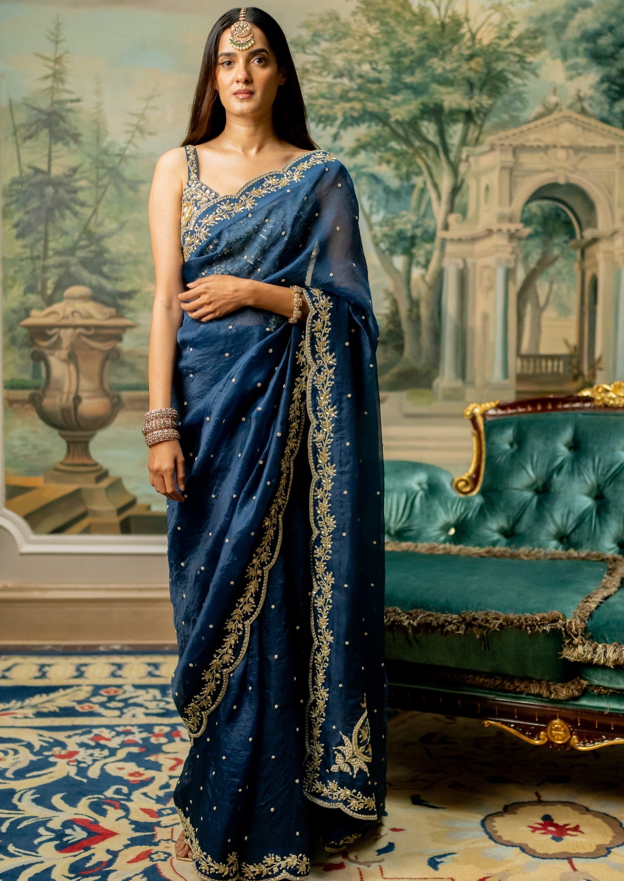 Deep Blue Embroidered Sari