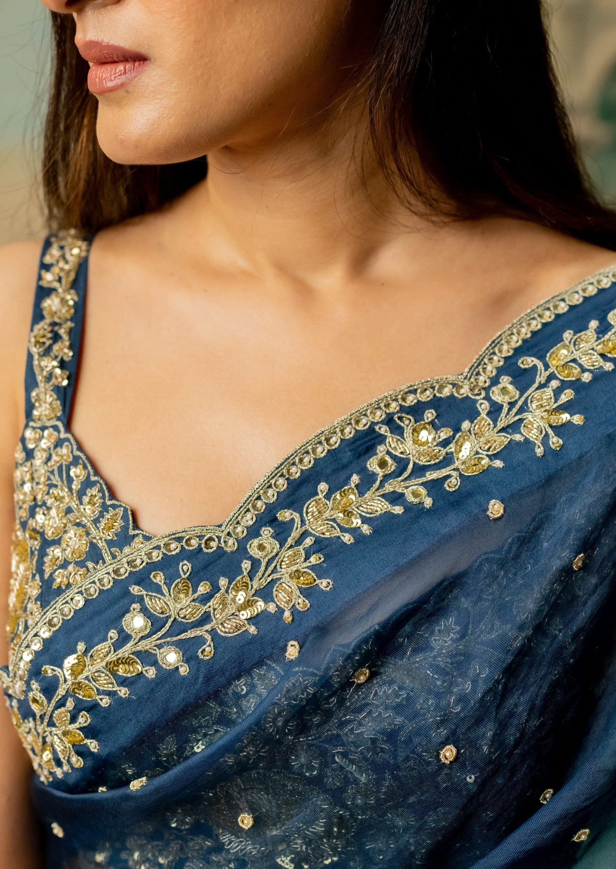 Deep Blue Embroidered Sari