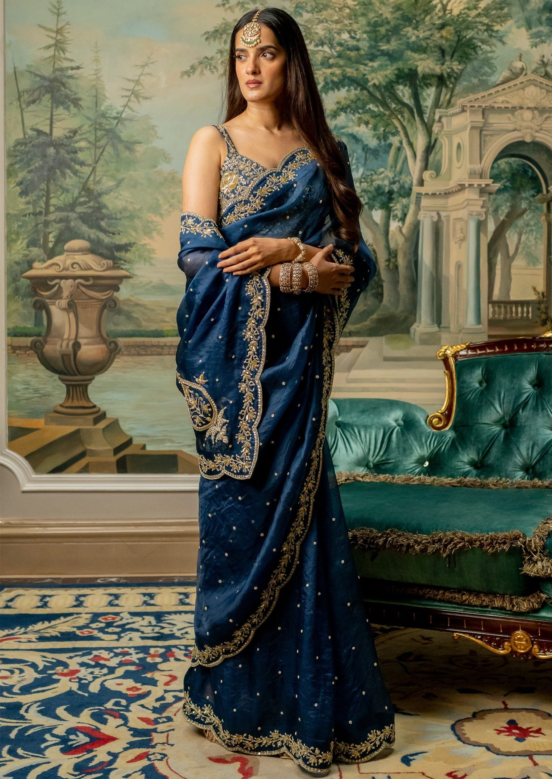 Deep Blue Embroidered Sari