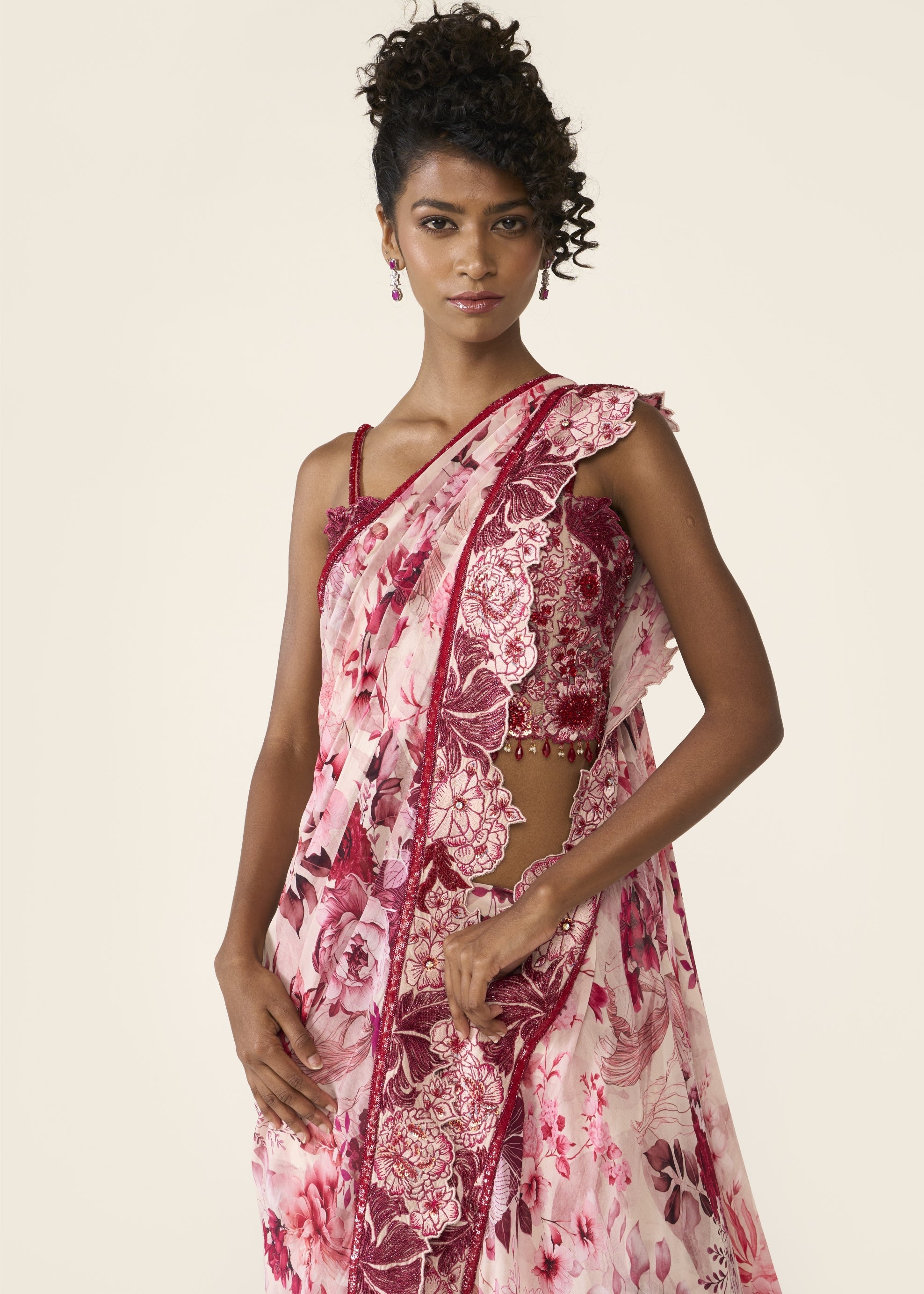 Pink Printed Concept Sari Set