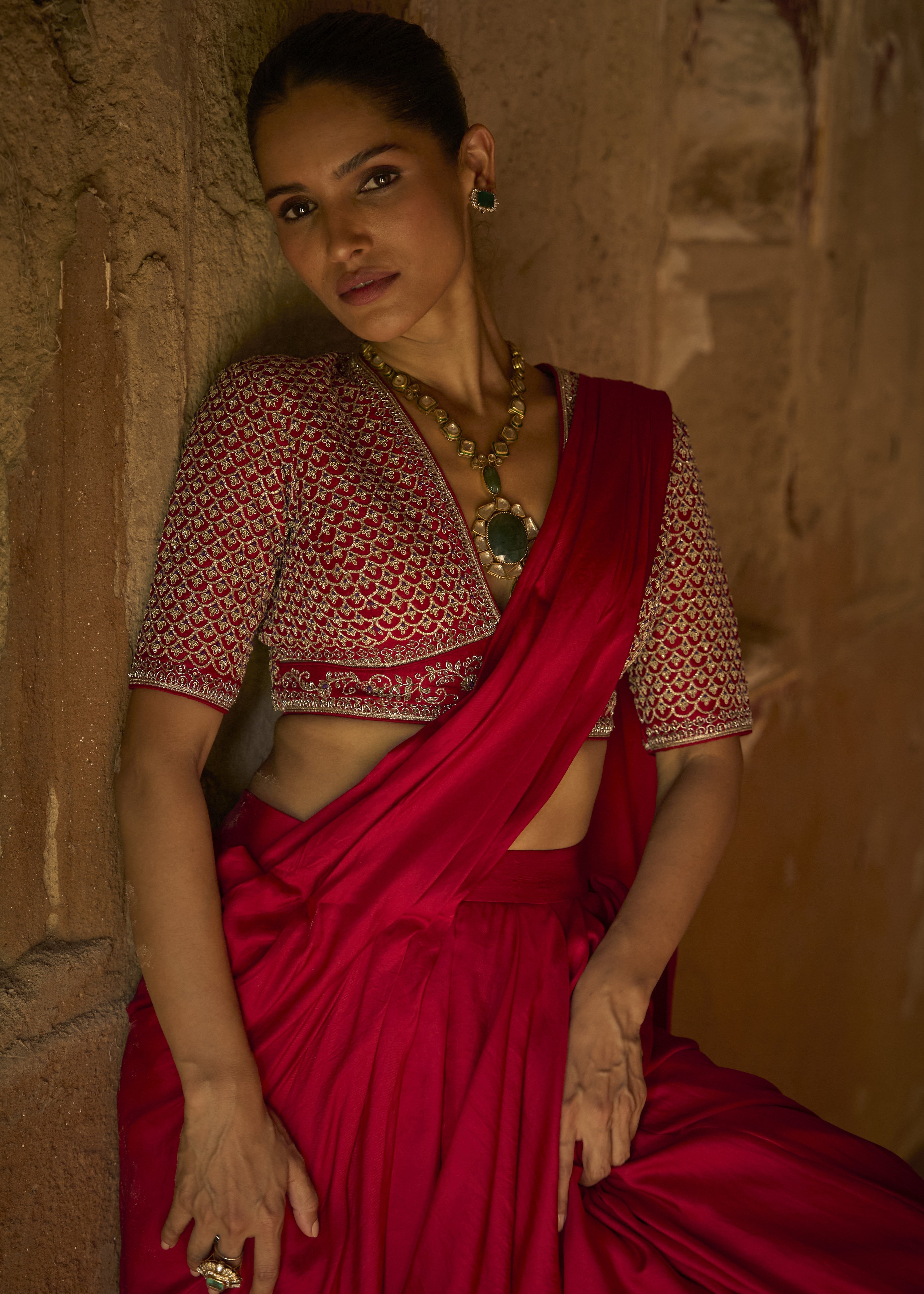 Red Pre-Draped Sari Set