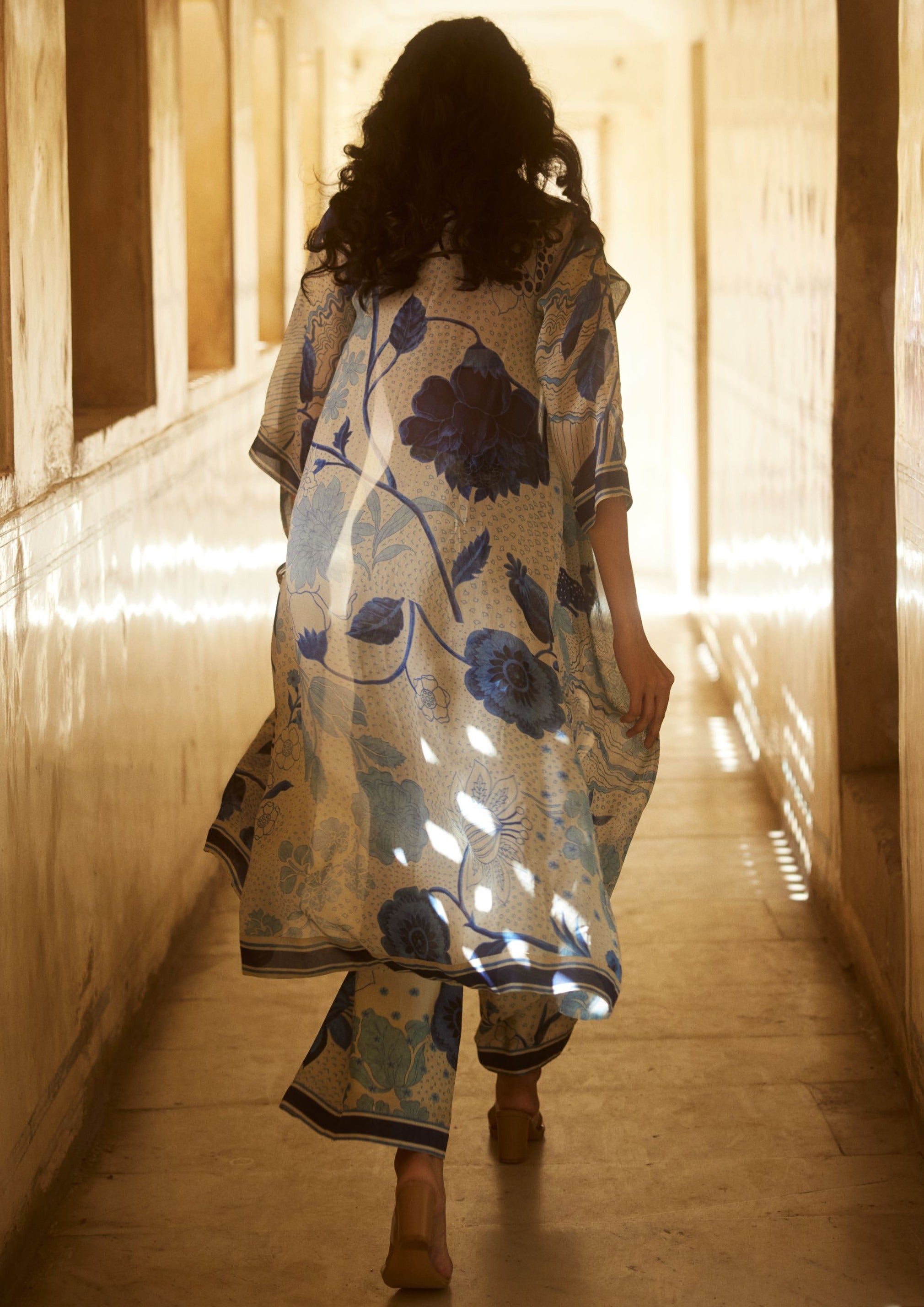 Ivory Blue Deer and Floral Printed Jacket Set
