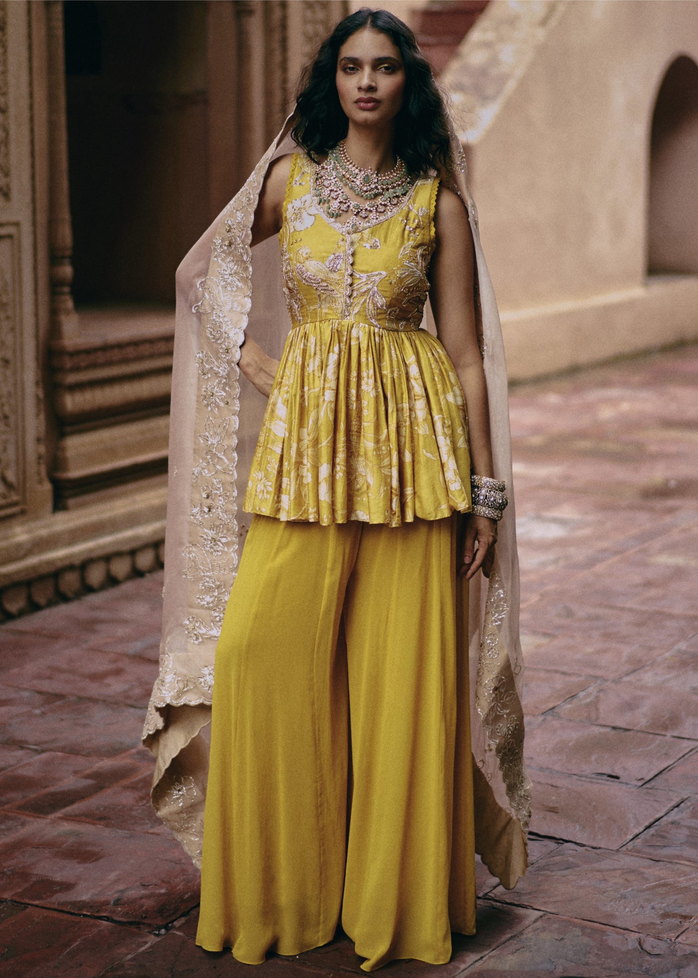 Yellow Silk Peplum Set