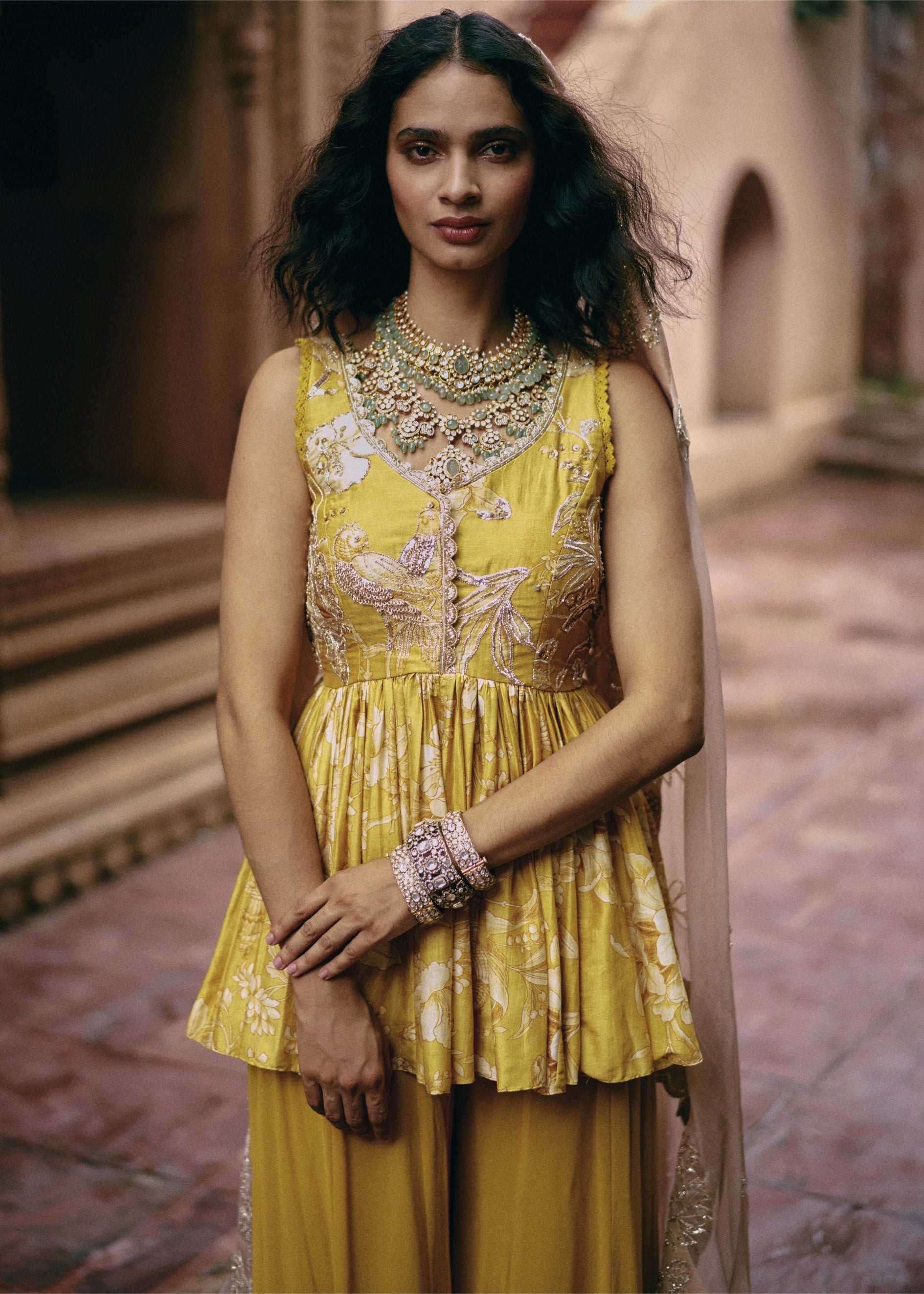 Yellow Silk Peplum Set