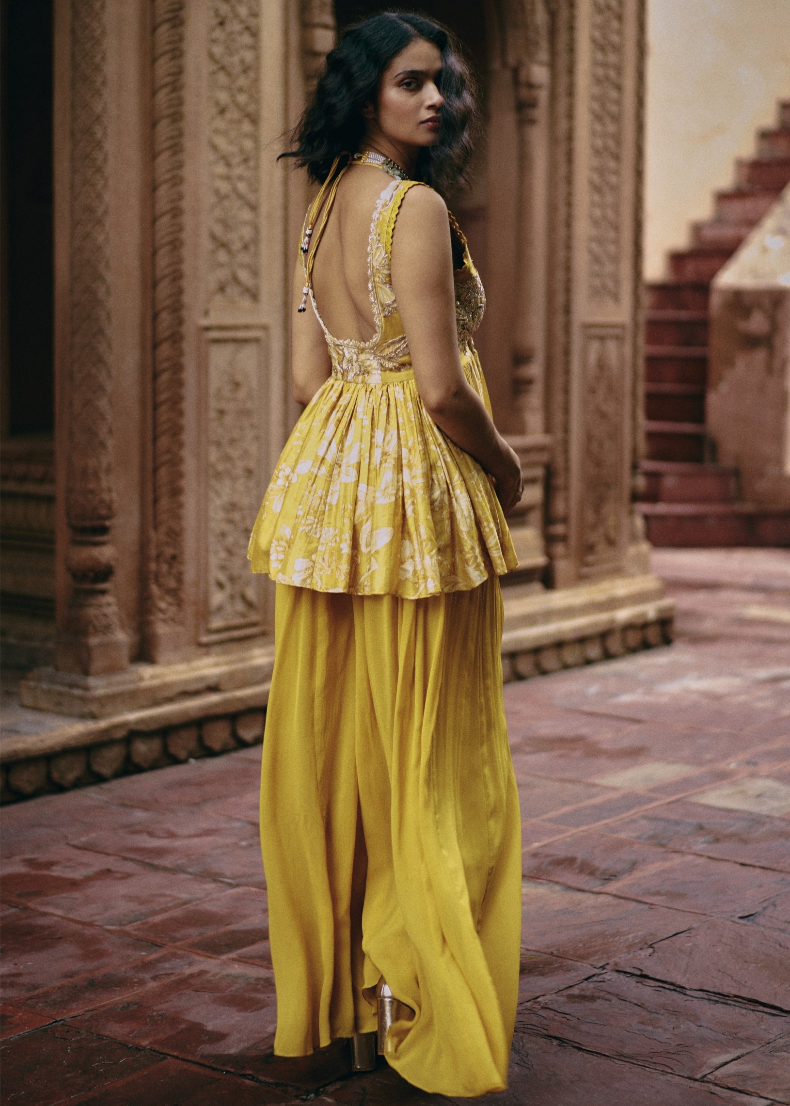 Yellow Silk Peplum Set