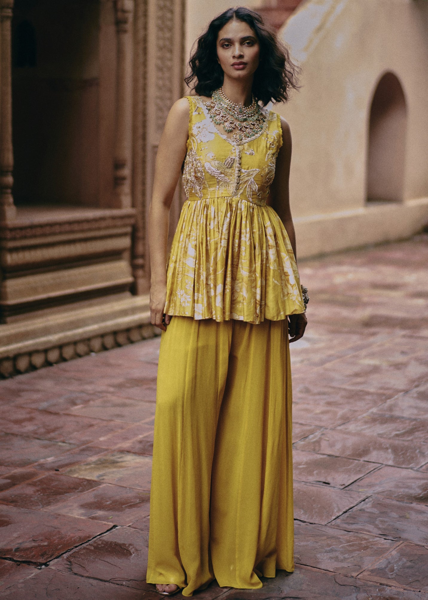 Yellow Silk Peplum Set