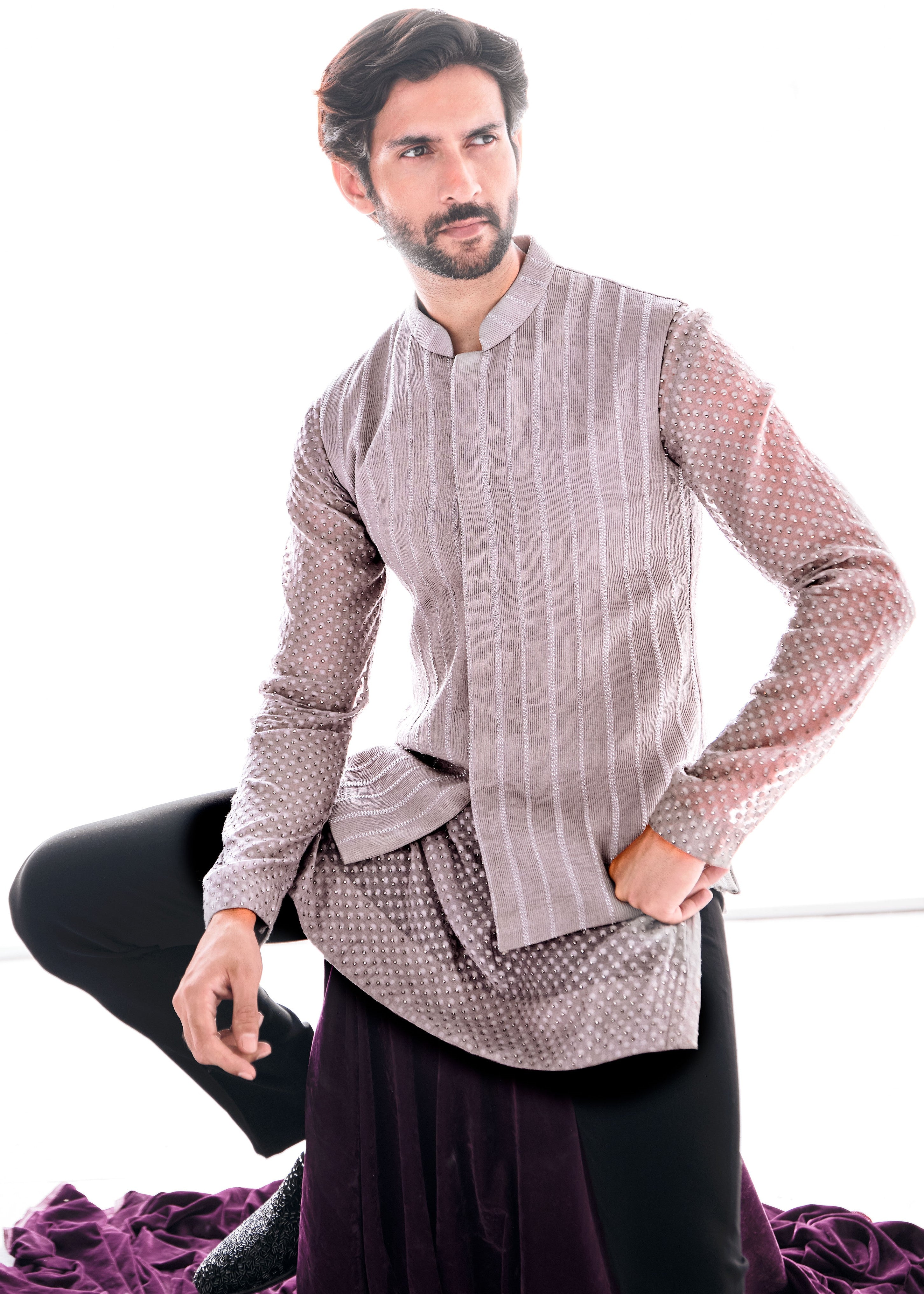 Taupe Cutdana Lines Nehru