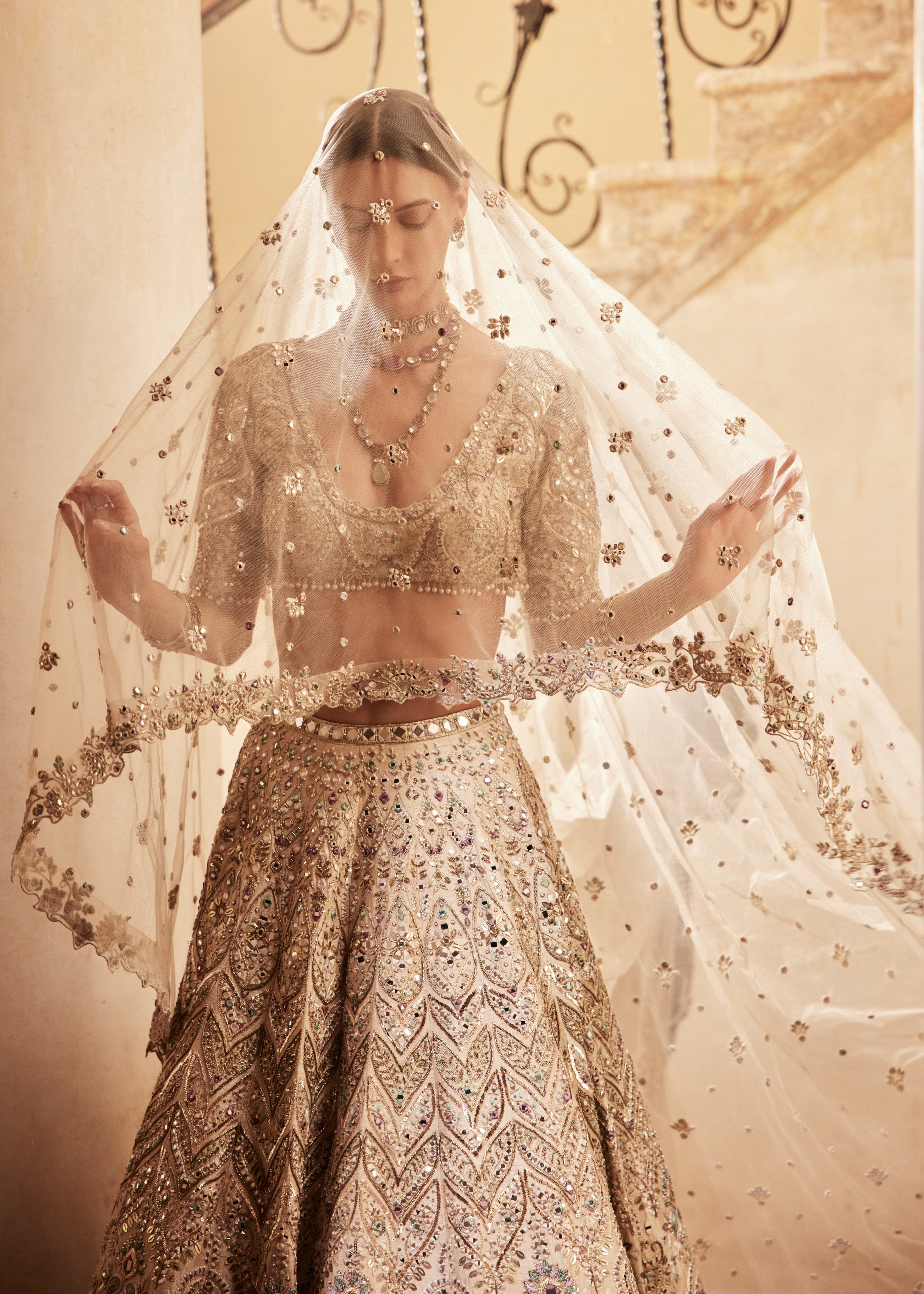 Champagne Raw Silk Mirror Lehenga Set
