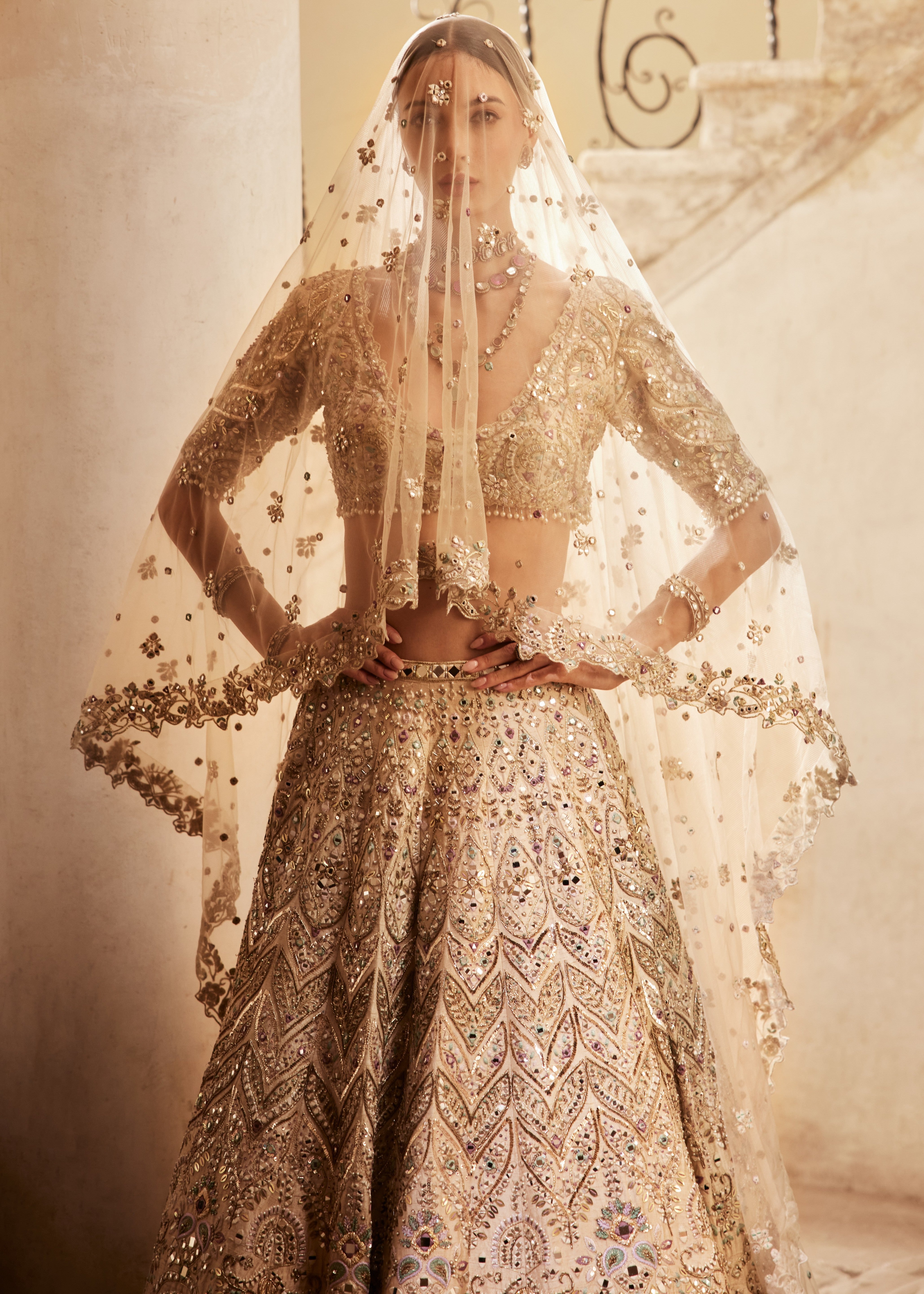Champagne Raw Silk Mirror Lehenga Set