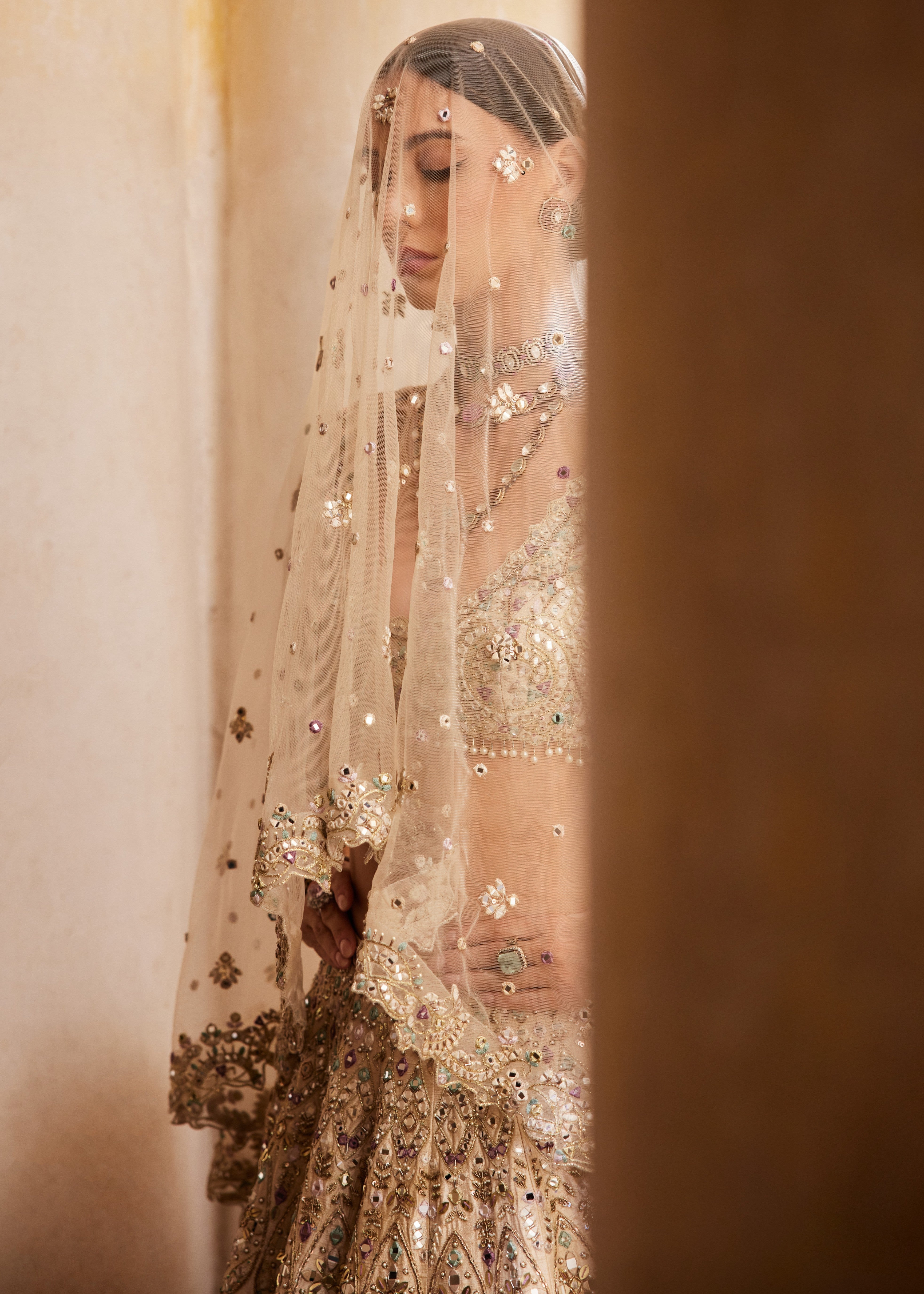 Champagne Raw Silk Mirror Lehenga Set