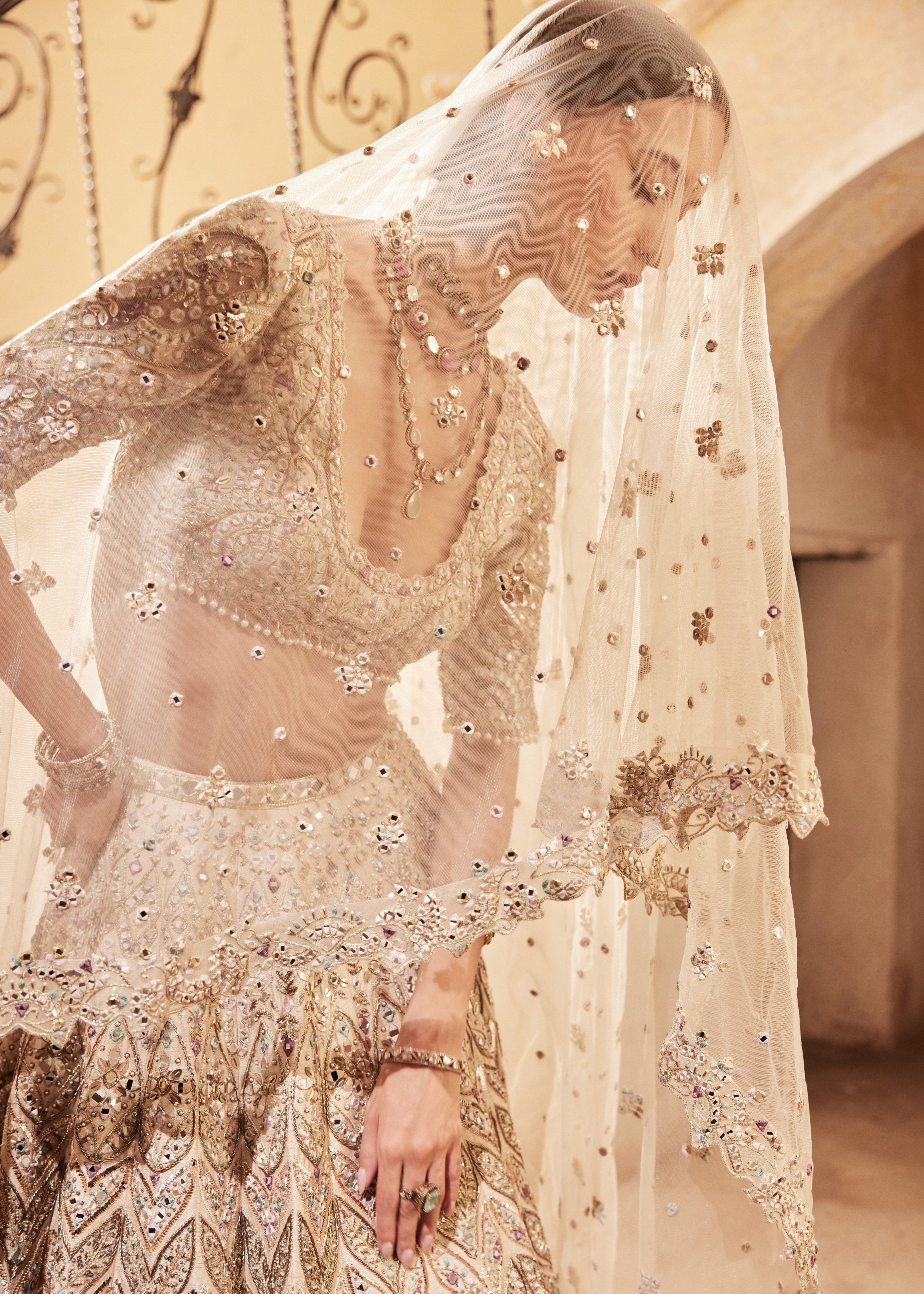 Champagne Raw Silk Mirror Lehenga Set