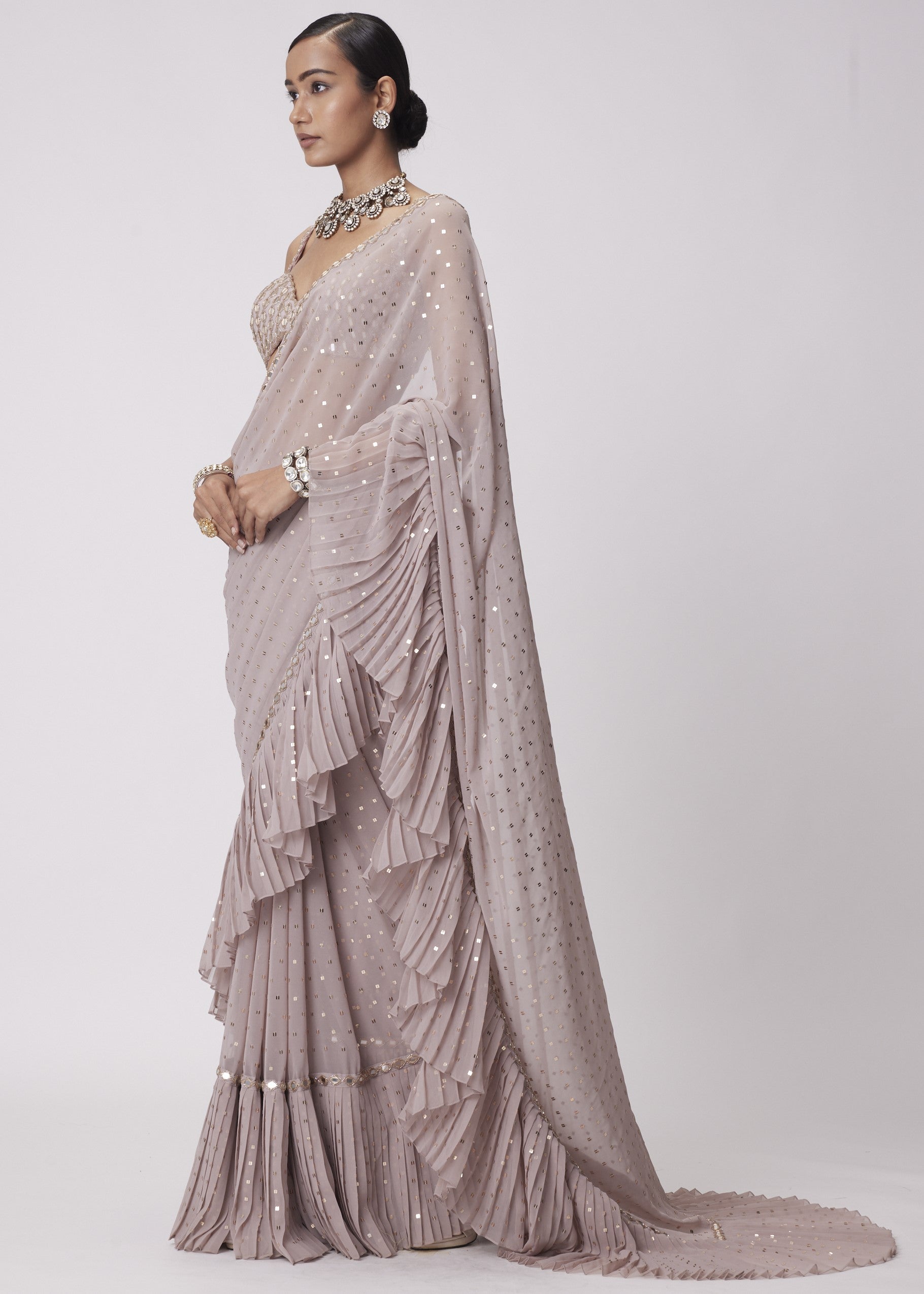 Ash Pink Frill Sari Set