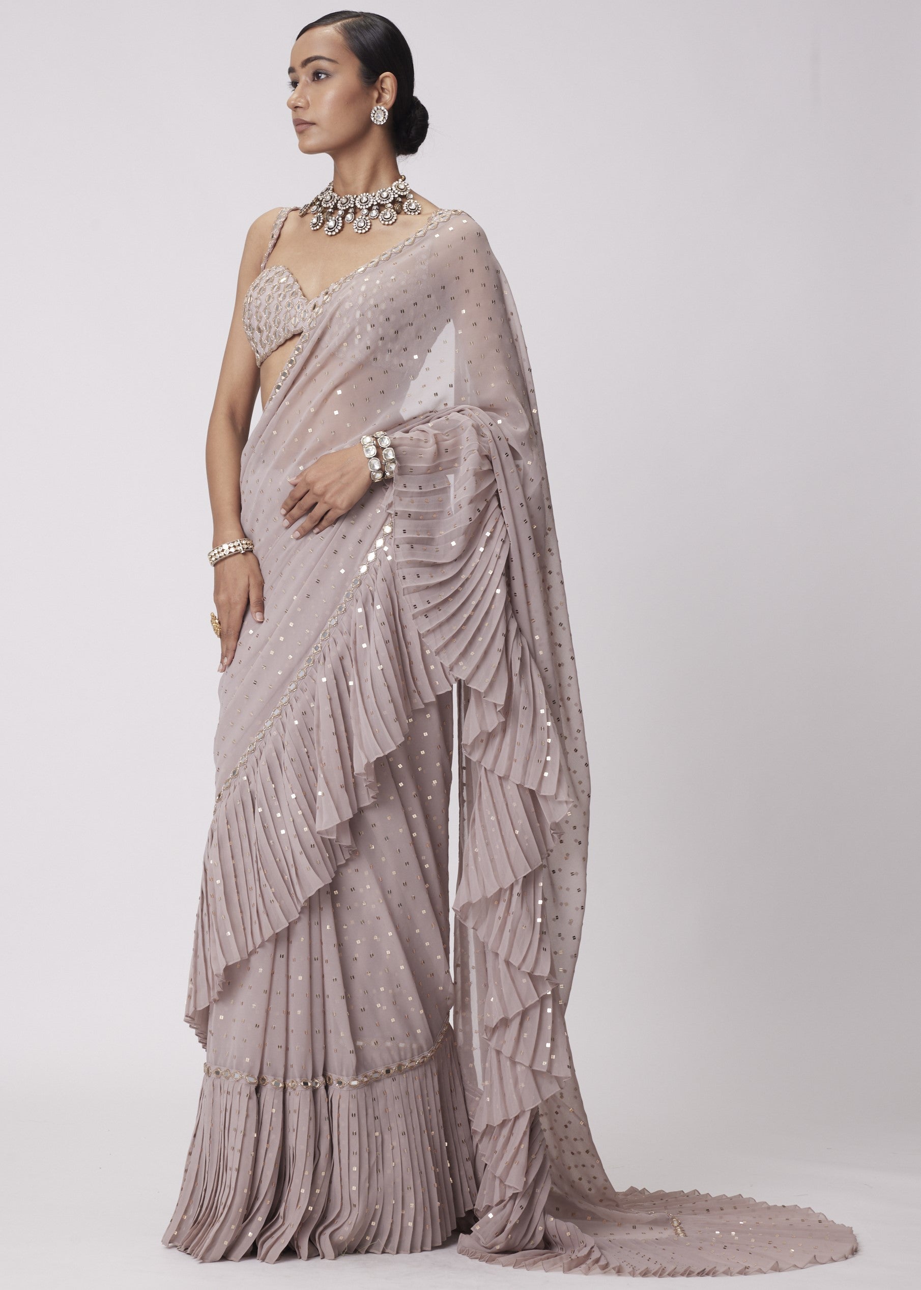 Ash Pink Frill Sari Set