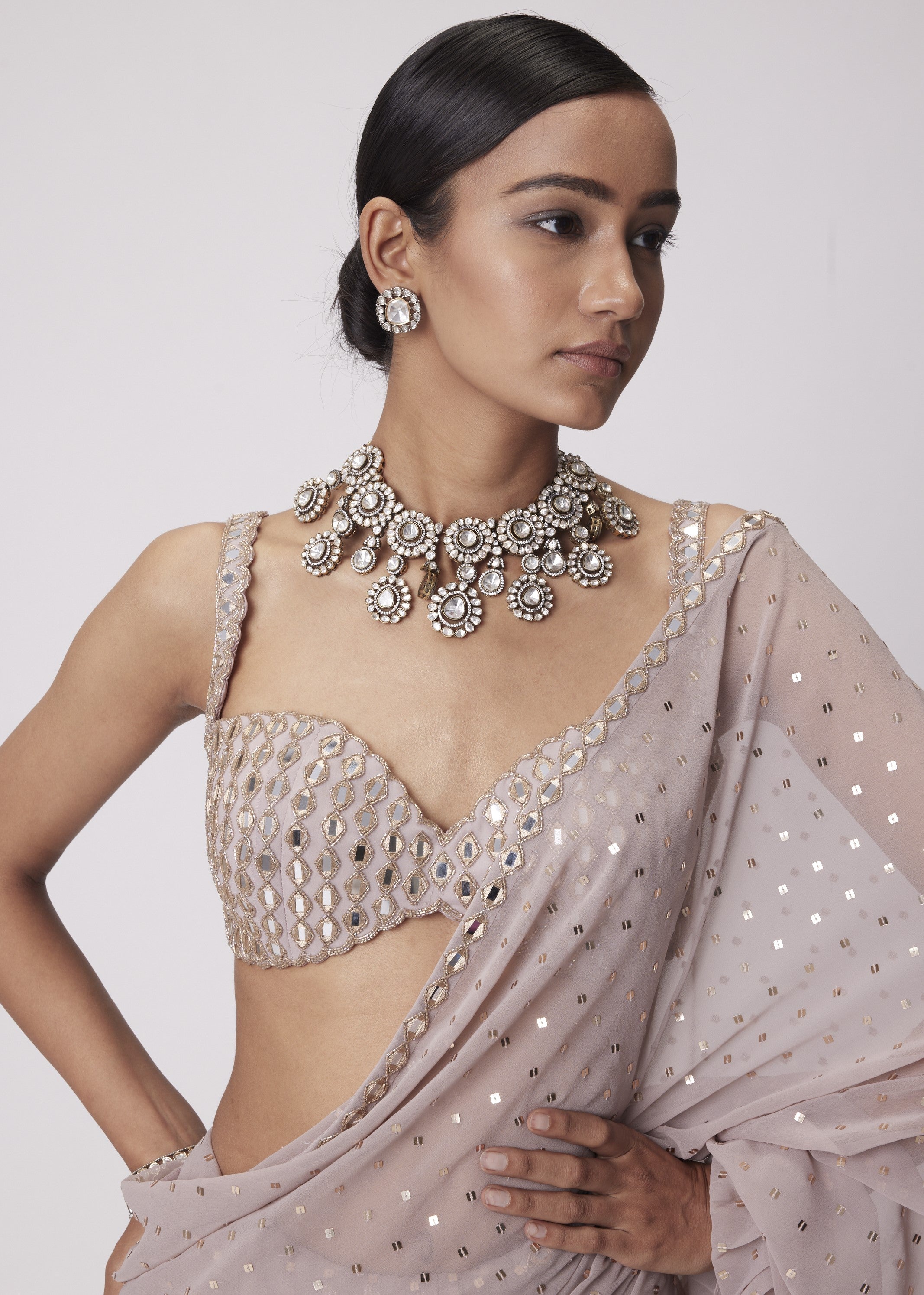 Ash Pink Frill Sari Set