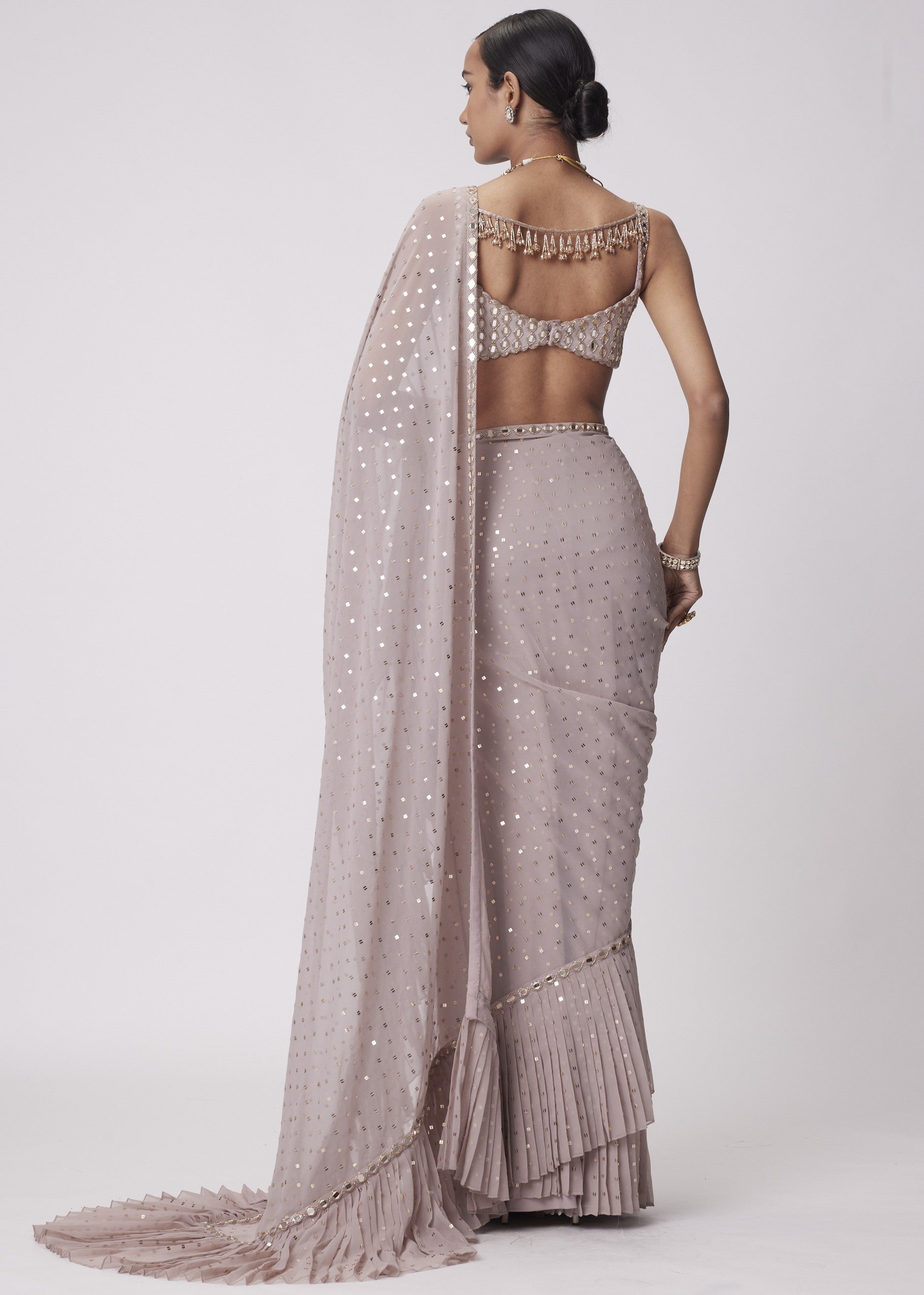Ash Pink Frill Sari Set