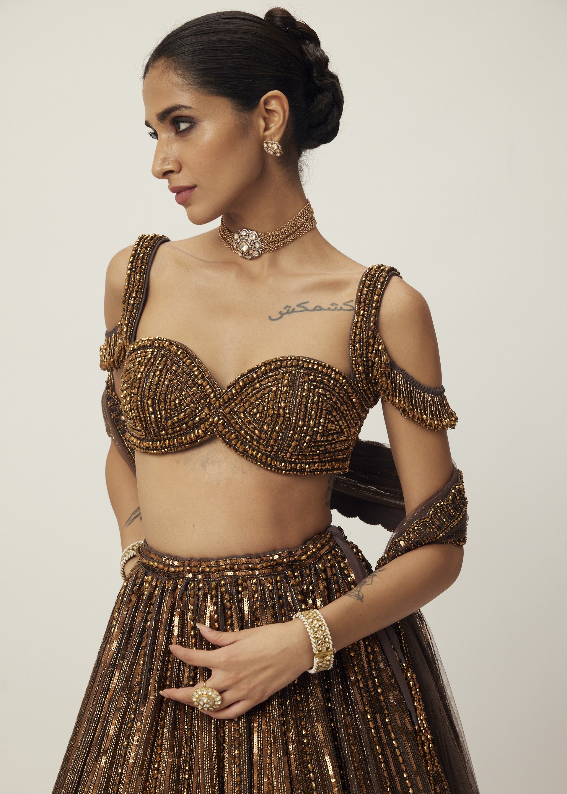 Copper Crystal Linear Embroidered Lehenga Set