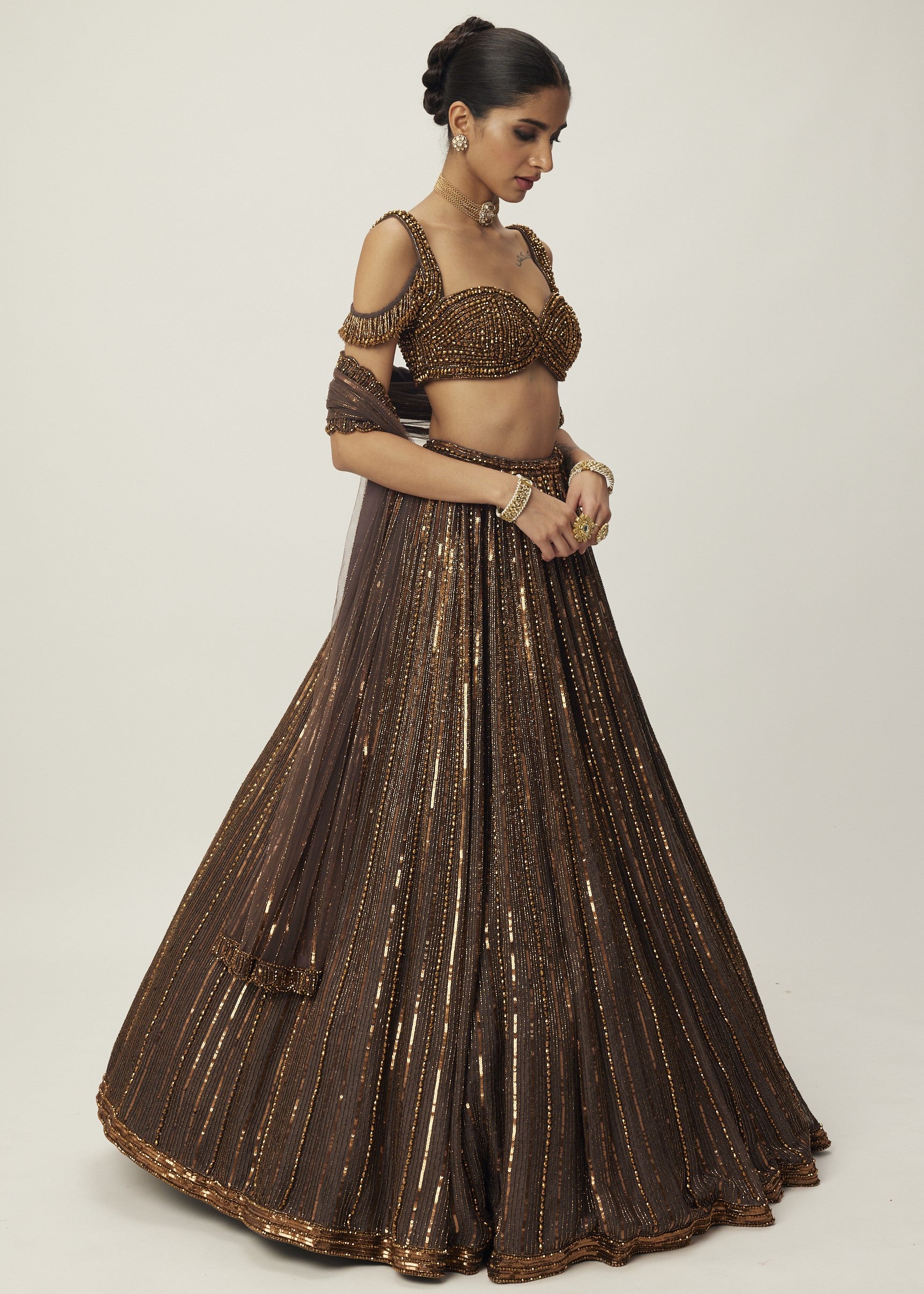 Copper Crystal Linear Embroidered Lehenga Set