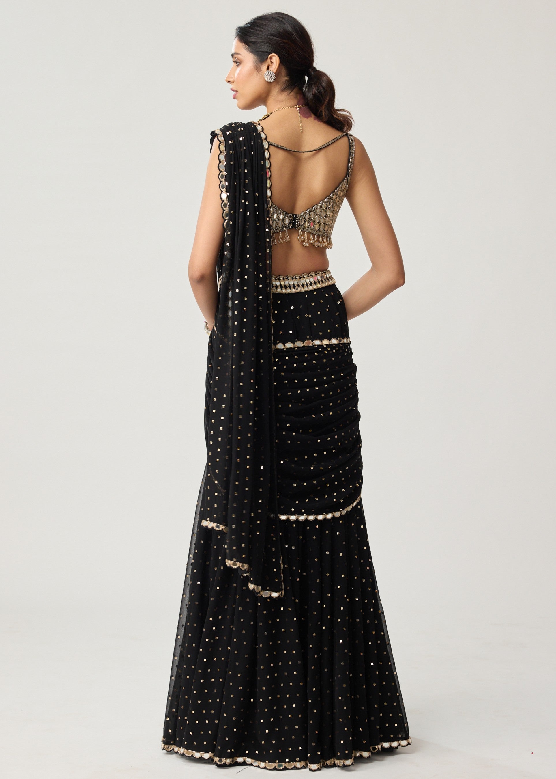 Black Georgette Flared Pants Sari Set