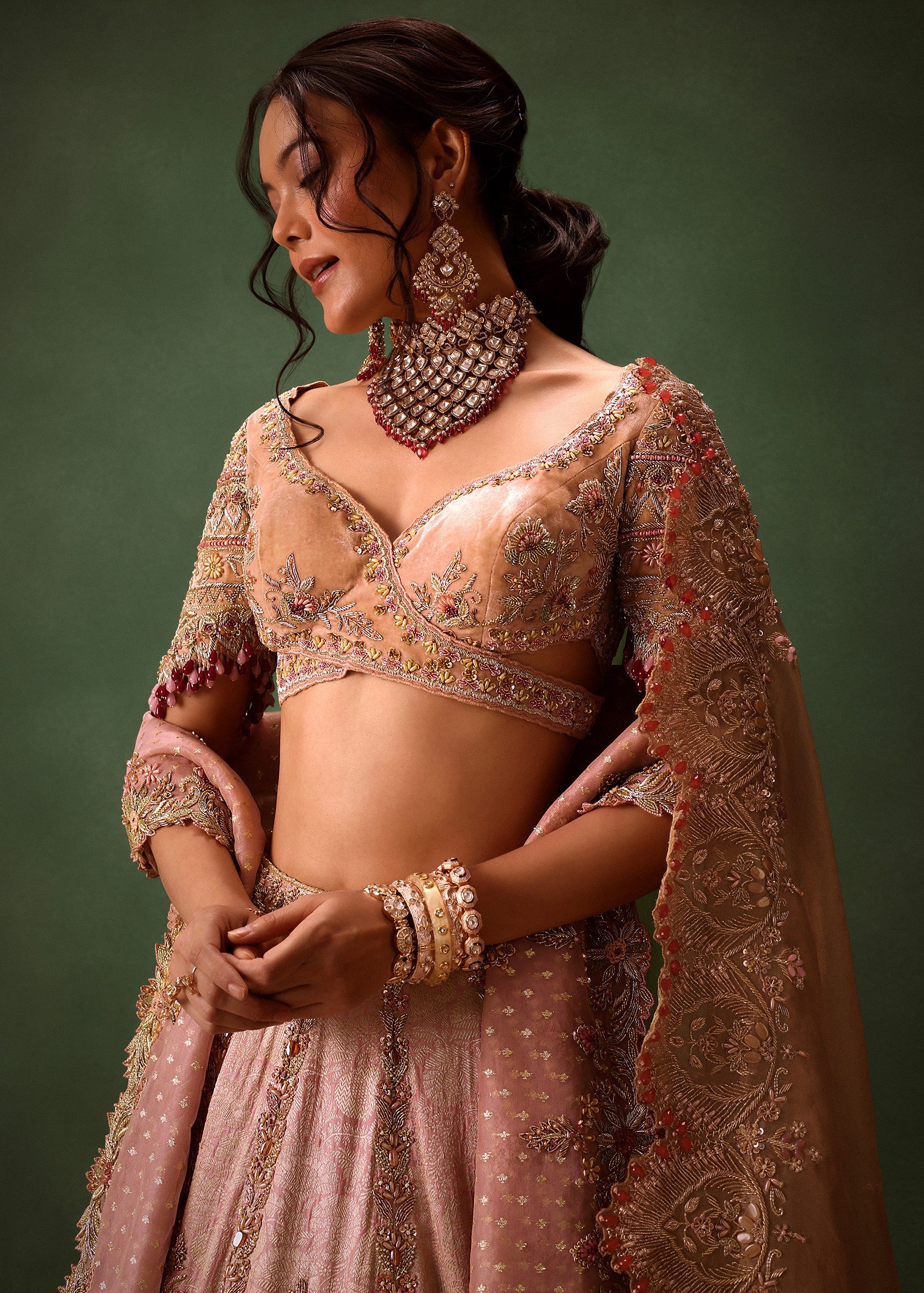 Pink Brocade Velvet Lehenga