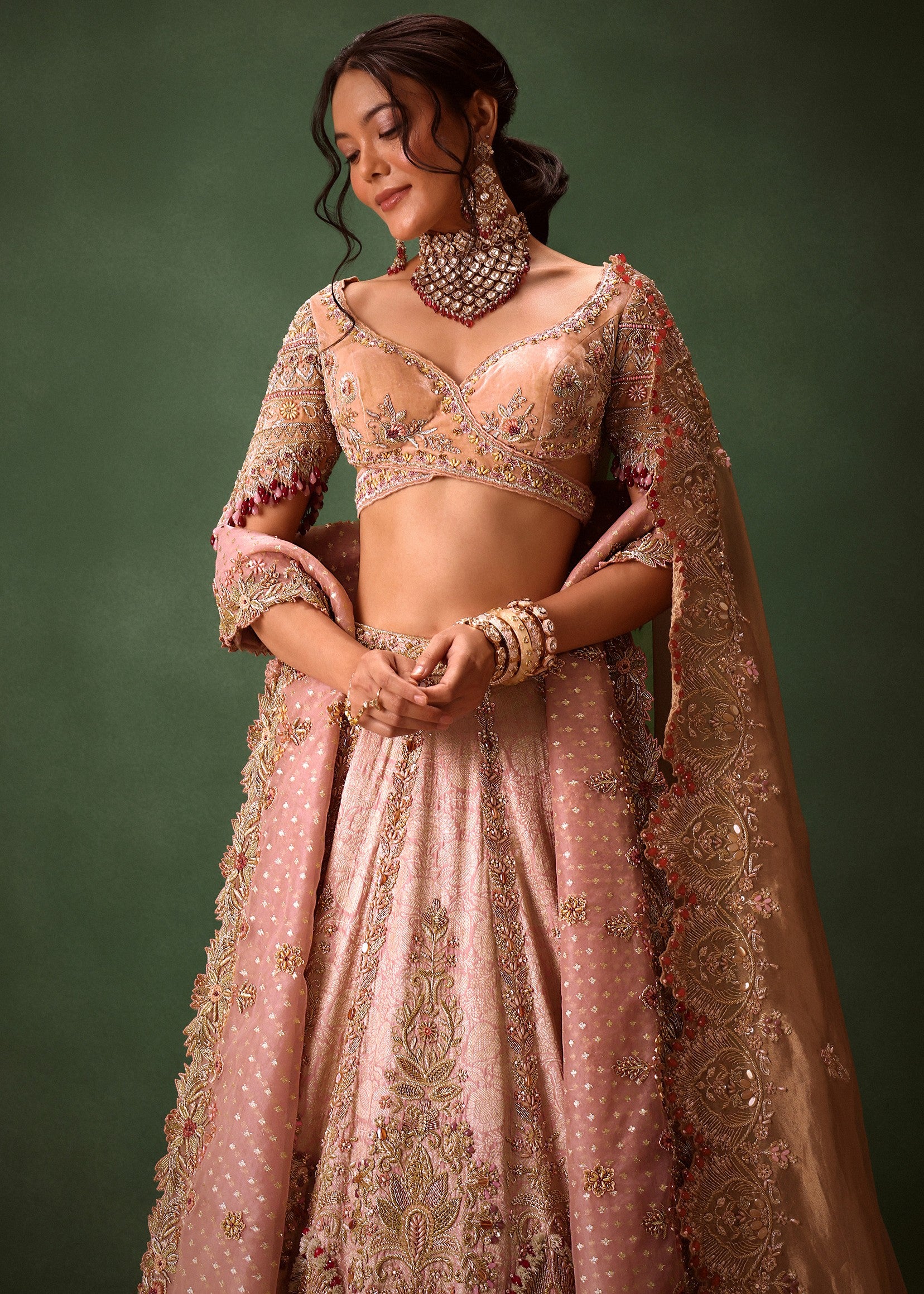 Pink Brocade Velvet Lehenga