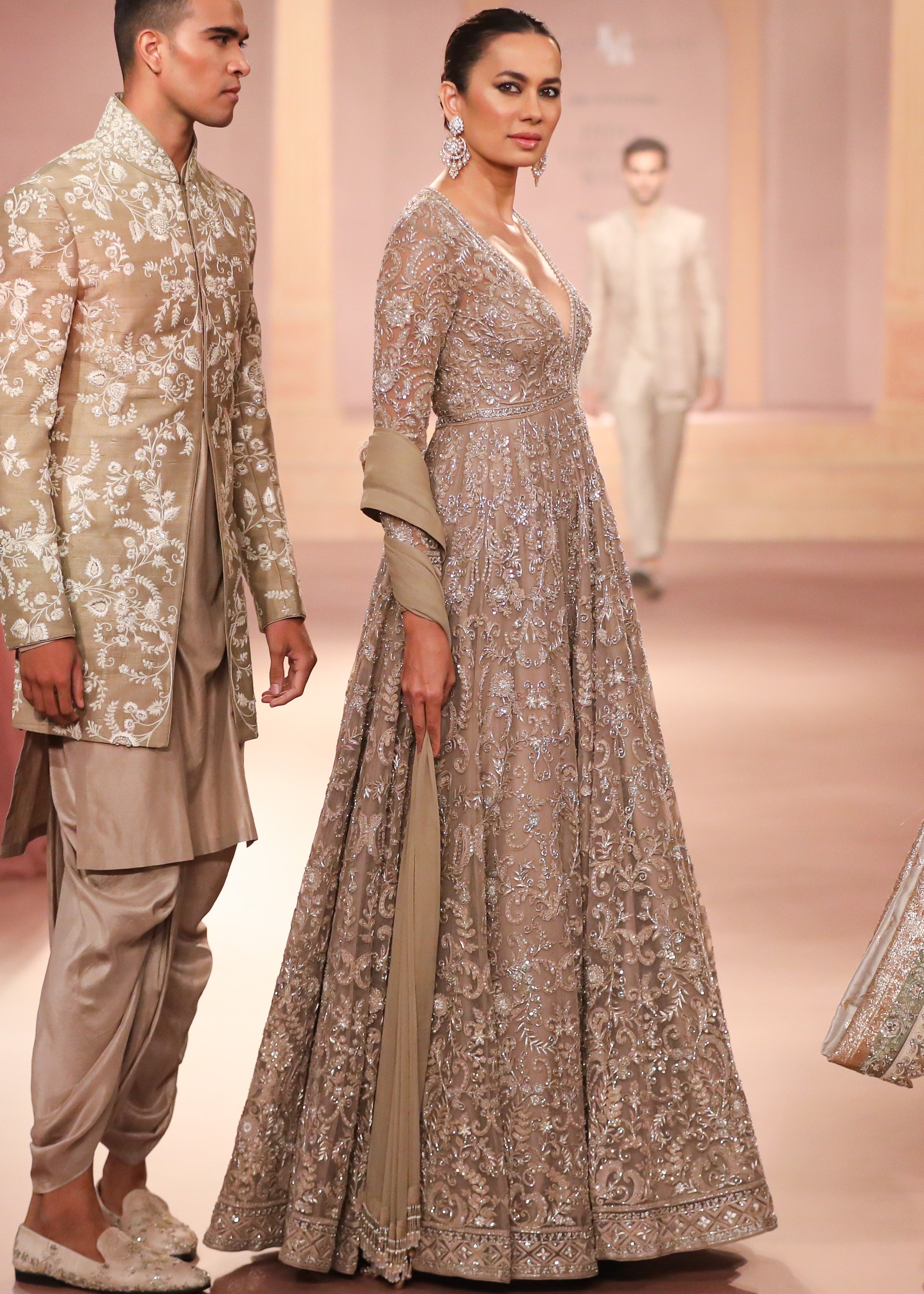 Beige Gold Net Anarkali Set