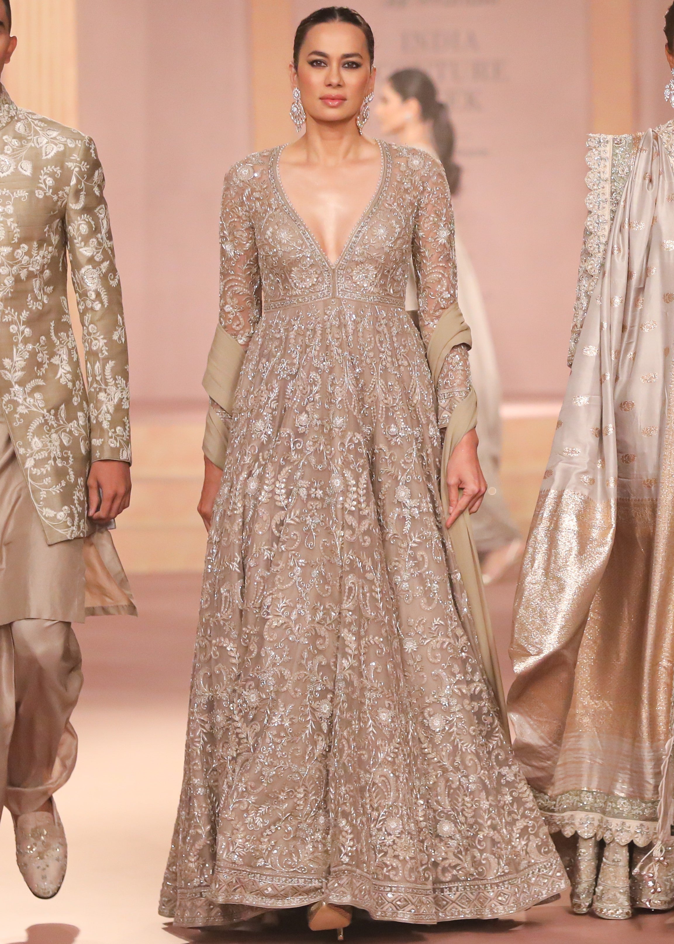 Beige Gold Net Anarkali Set