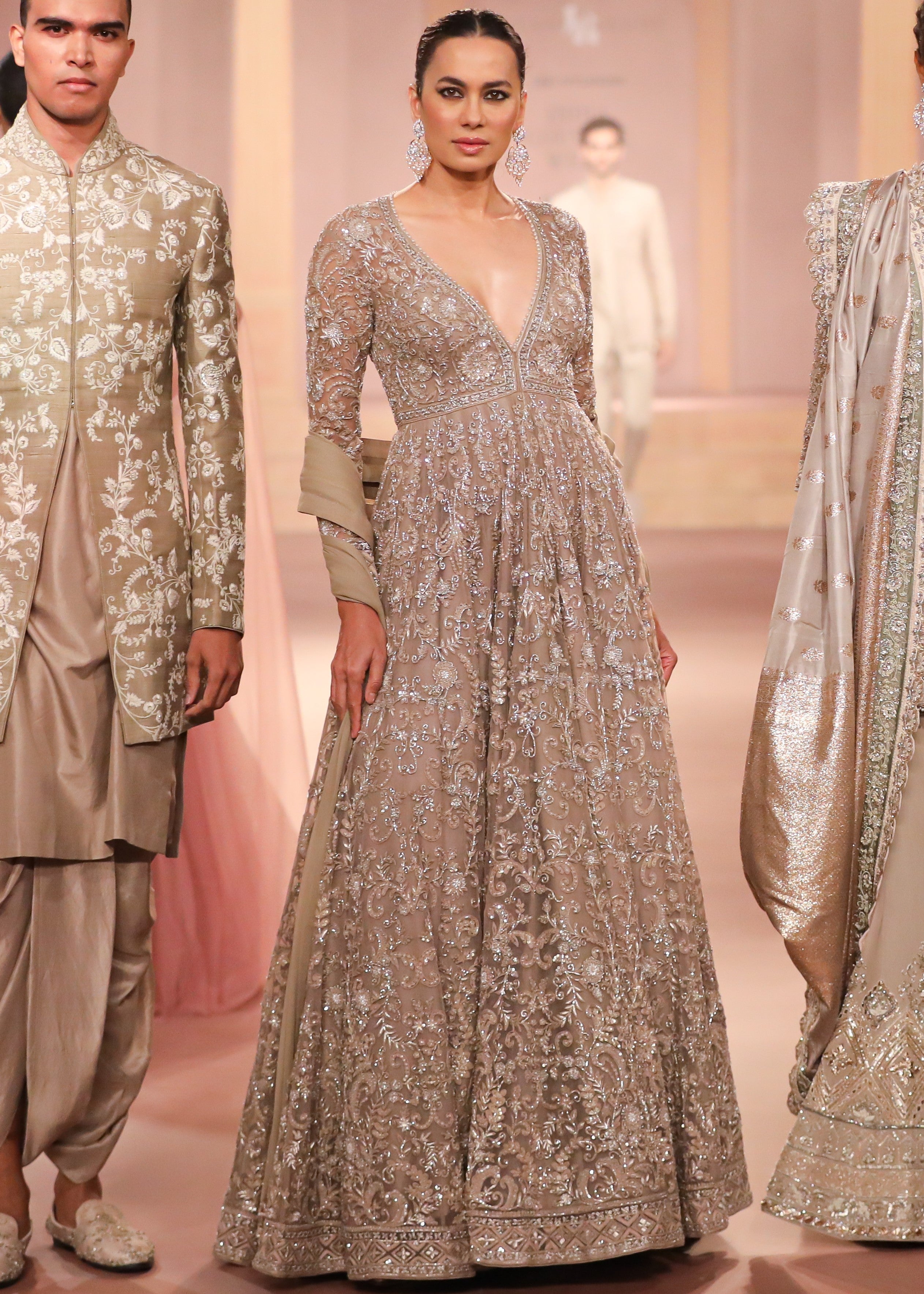Beige Gold Net Anarkali Set