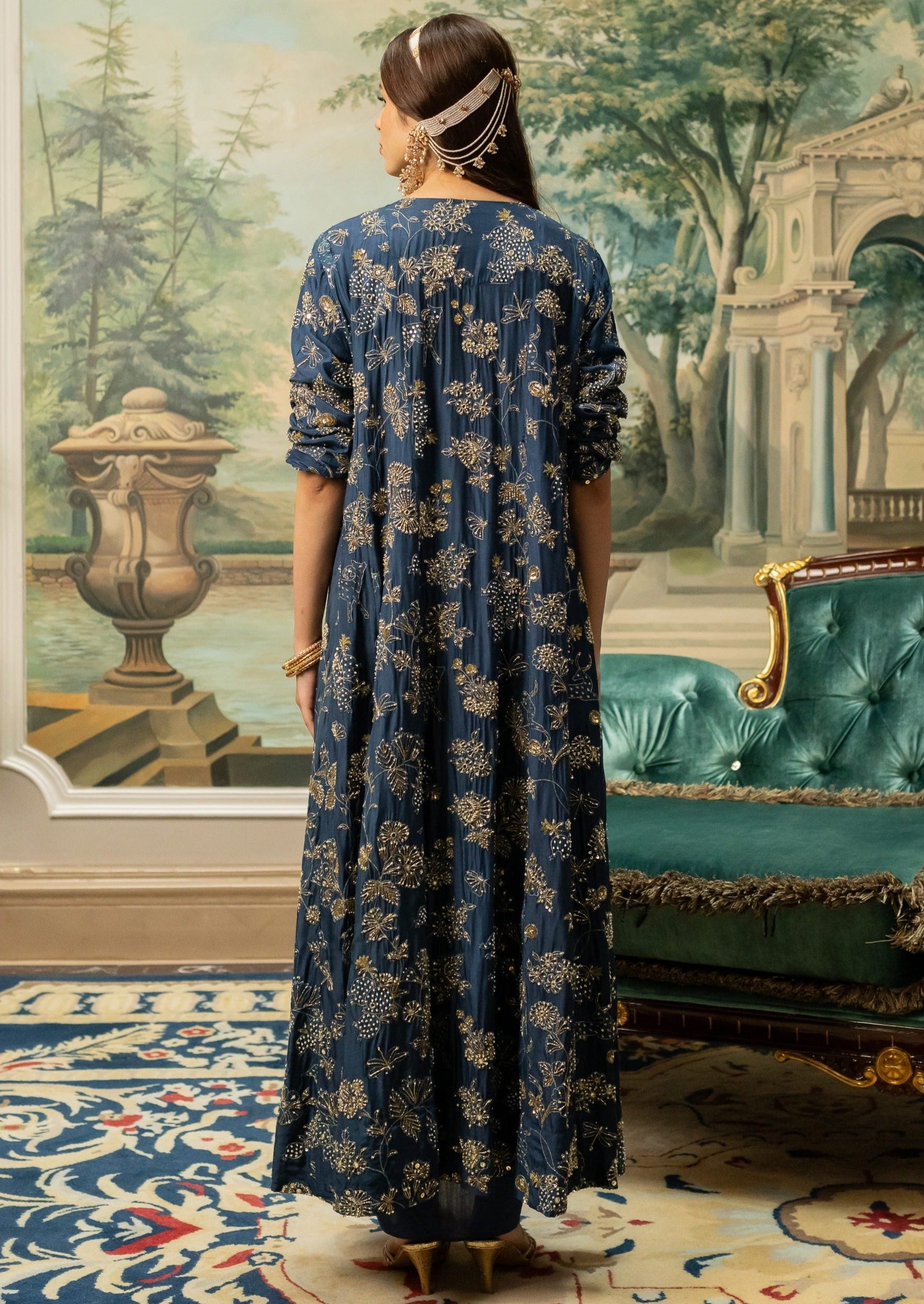 Navy Blue Self Woven Jacquard Jacket Set