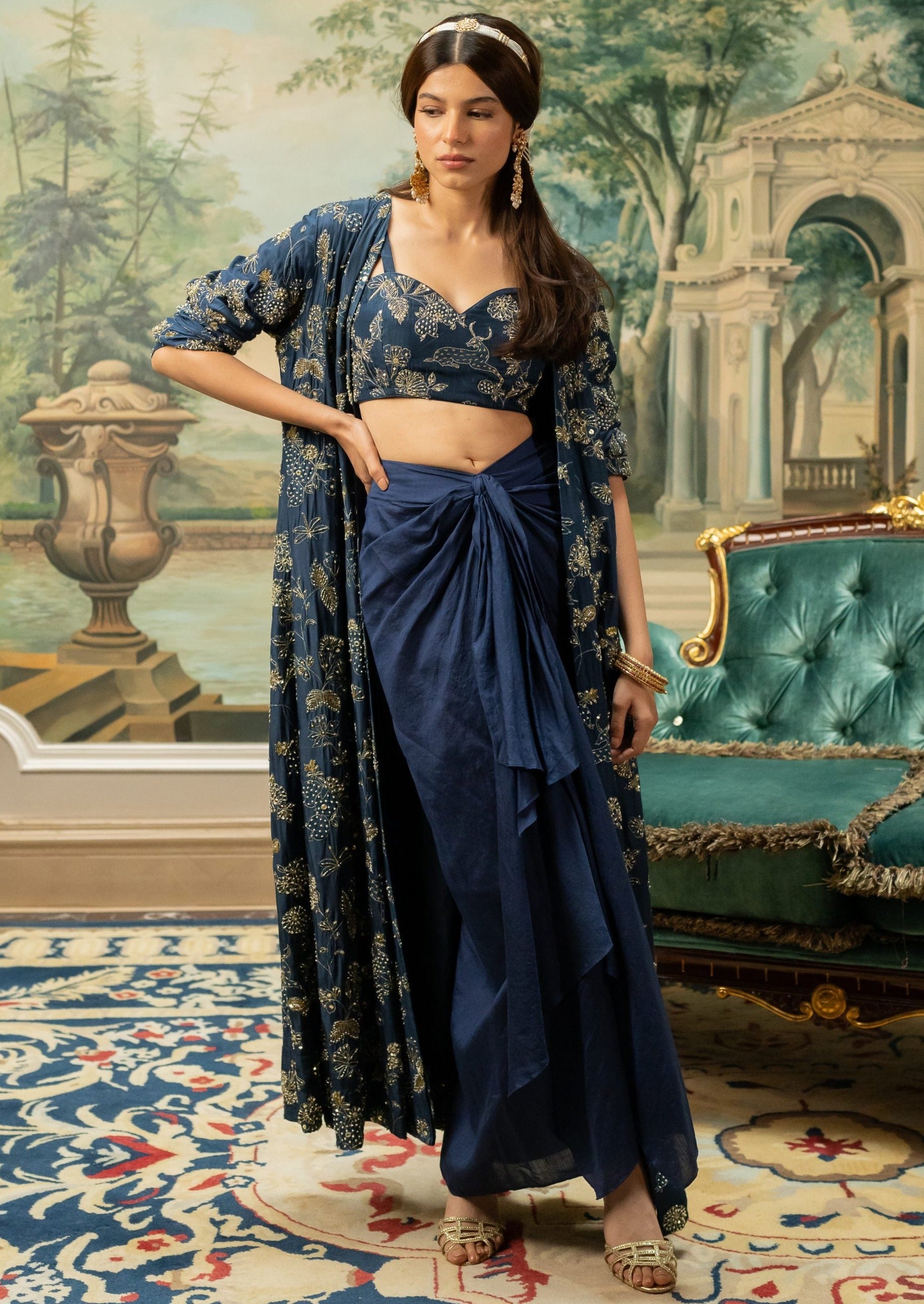 Navy Blue Self Woven Jacquard Jacket Set